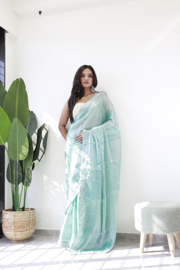 Party Wear Sky Blue Color Pure Soft Jimmy Silk With Amazing Jharkhan Work With Siroski Designer Saree