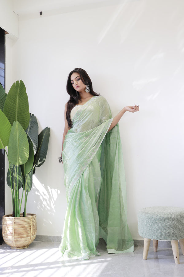 Ceremony Wear Pista Green Color Pure Soft Jimmy Silk With Amazing Jharkhan Work With Siroski Designer Saree