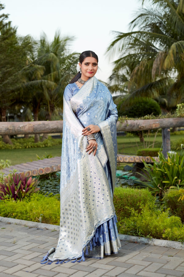 Wedding Wear Sky Blue Color Pure Kanjivaram Soft Satin Silk Saree