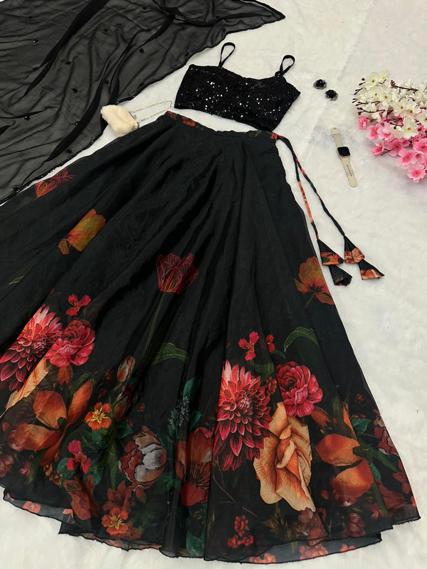 Trendy Black Color Chinon Pure Jimmy Organza Silk Floral Printed With 8 Meter Lehenga Choli