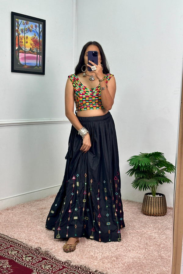 Garba Special Wear Black Color Rayon With Heavy Embroidery Work With Real Mirror Work Navratri Lehenga Choli