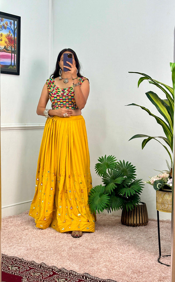 Garba Special Wear Yellow Color Rayon With Heavy Embroidery Work With Real Mirror Work Navratri Lehenga Choli