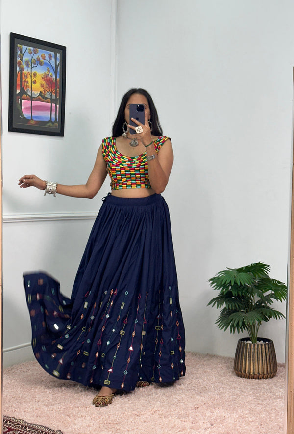 Garba Special Wear Navy Blue Color Rayon With Heavy Embroidery Work With Real Mirror Work Navratri Lehenga Choli