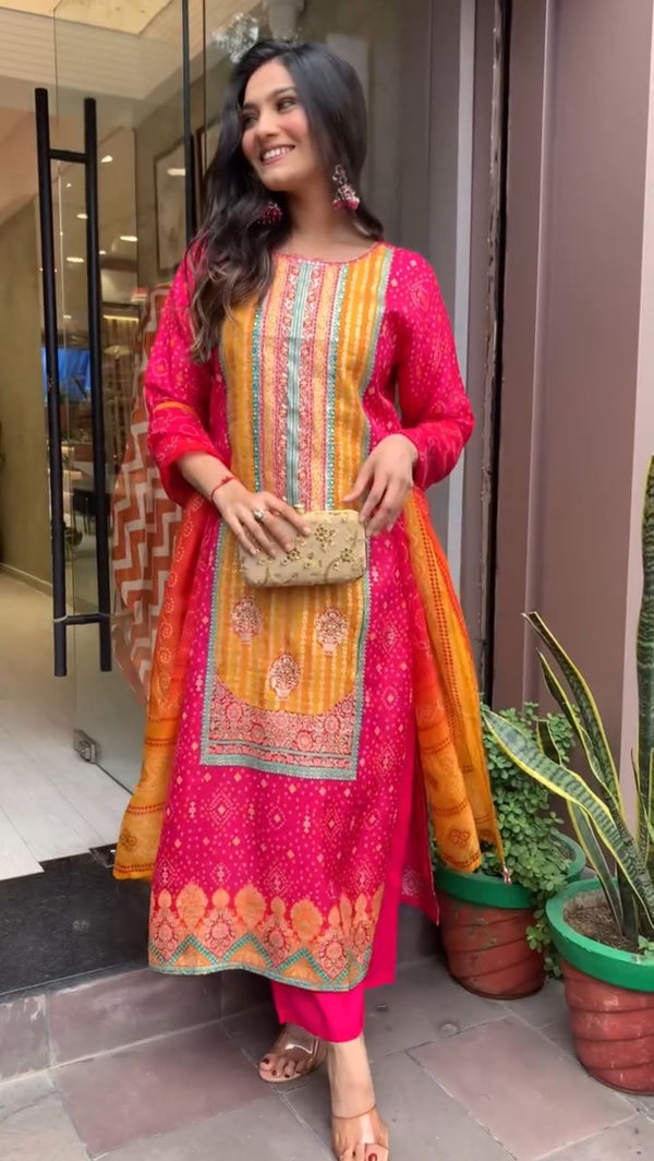 Orange And Pink Color Heavy Pure Chinon Silk With Digital Printed And Handwork And Diamond Handwork Designer Salwar Suit