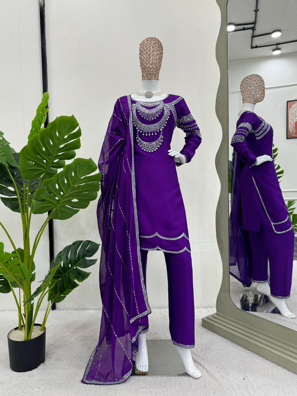 Bollywood Wear Purple Color Chinon Silk Thread And Sequence With Rivet Moti Designer Salwar Suit