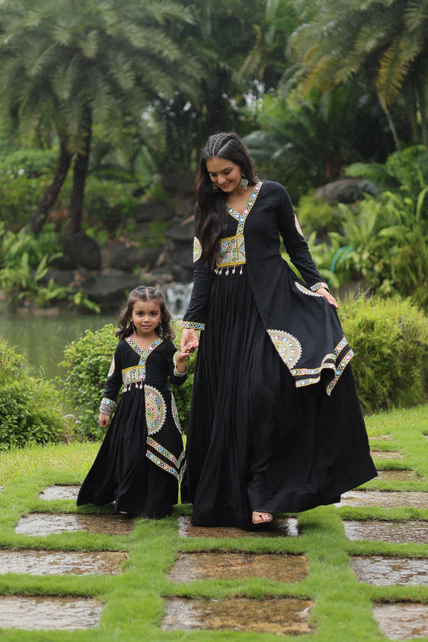 Traditional Wear Black Color Rayon With Kutchi Gamthi Lace Work Navratri Special Mother And Daughter Gown