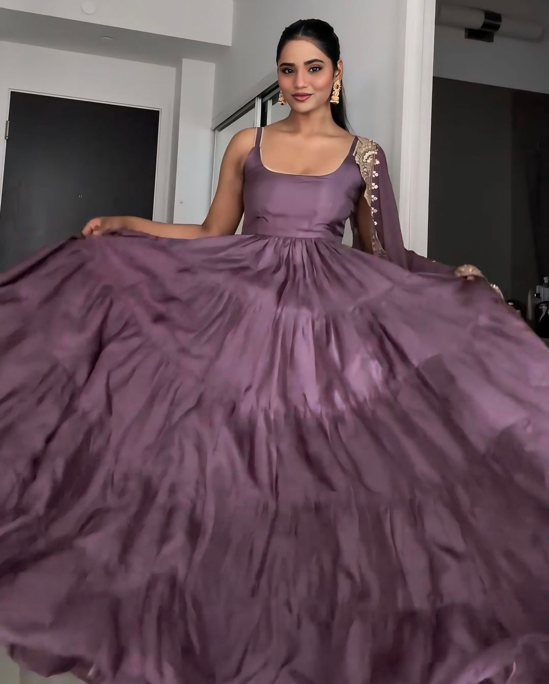 Wedding Wear Purple Color Faux Georgette Ruffle Anarkali Gown