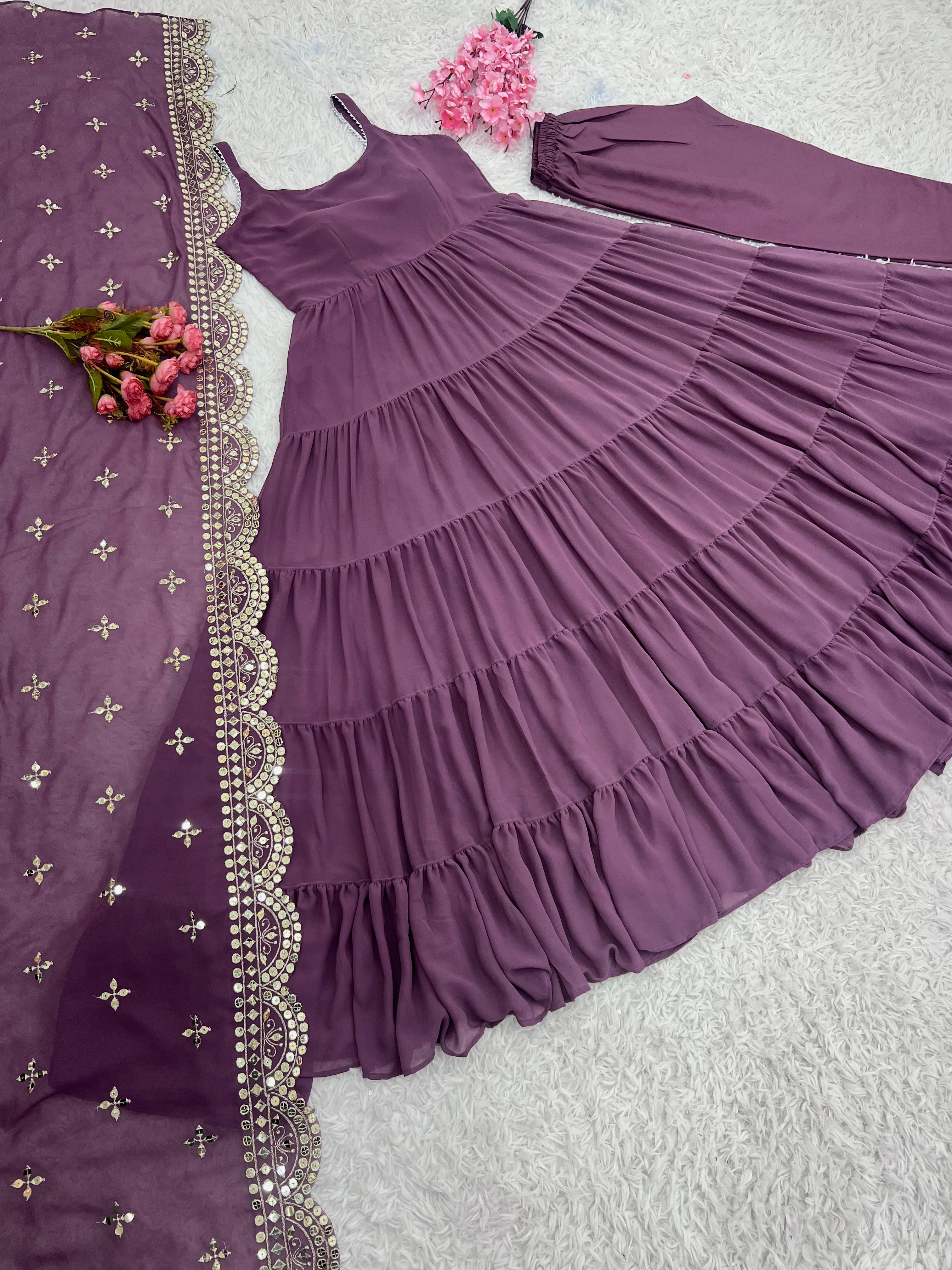 Wedding Wear Purple Color Faux Georgette Ruffle Anarkali Gown