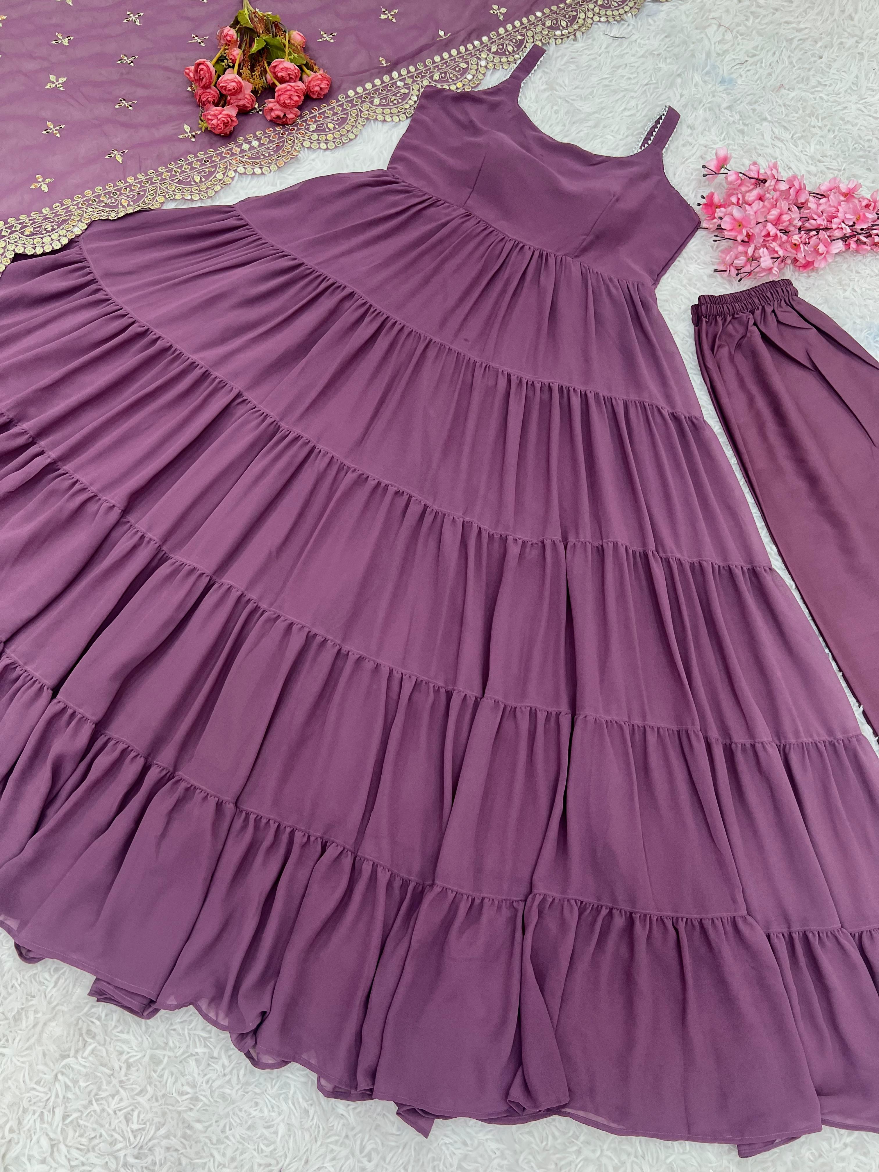 Wedding Wear Purple Color Faux Georgette Ruffle Anarkali Gown