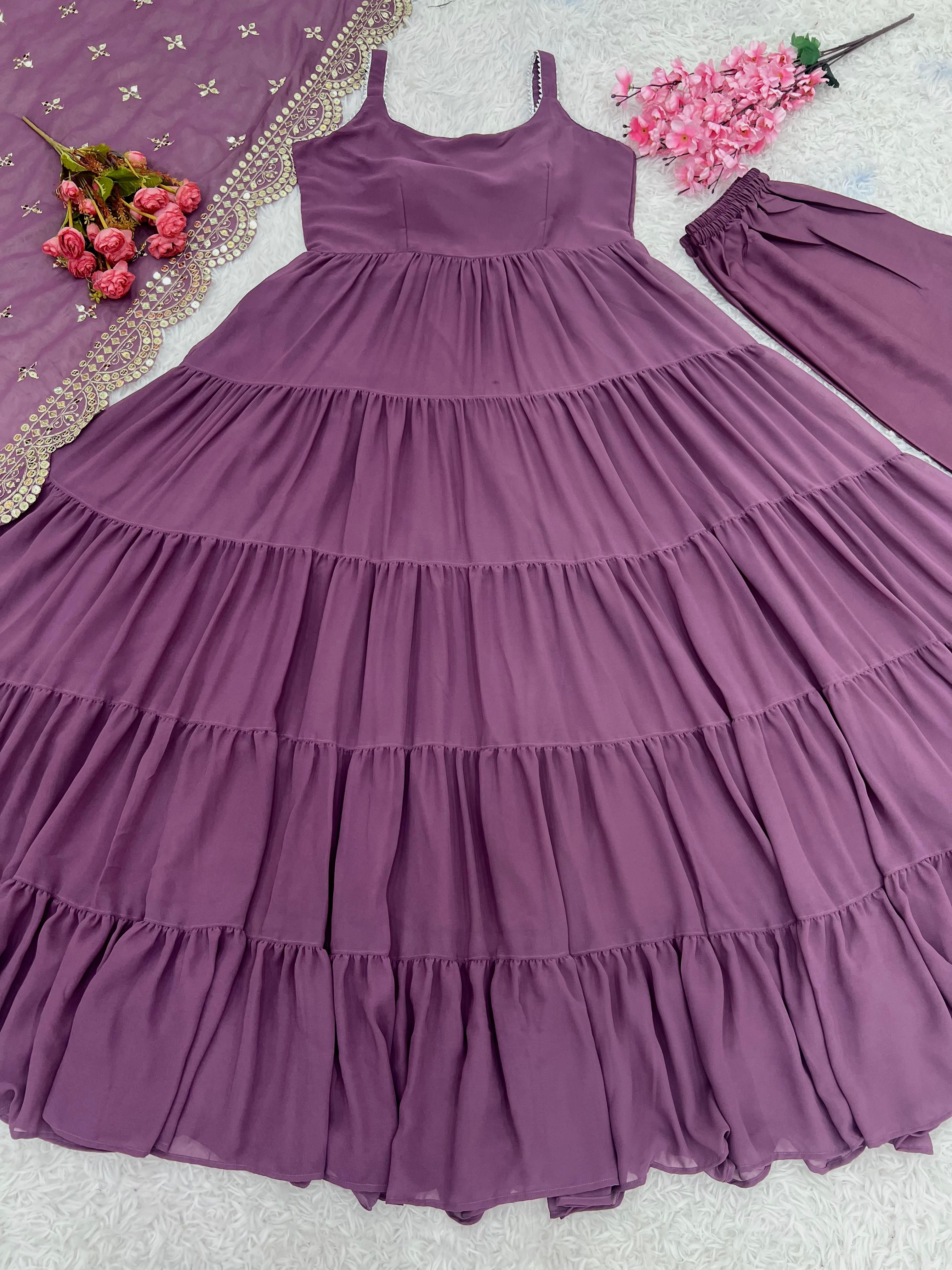 Wedding Wear Purple Color Faux Georgette Ruffle Anarkali Gown