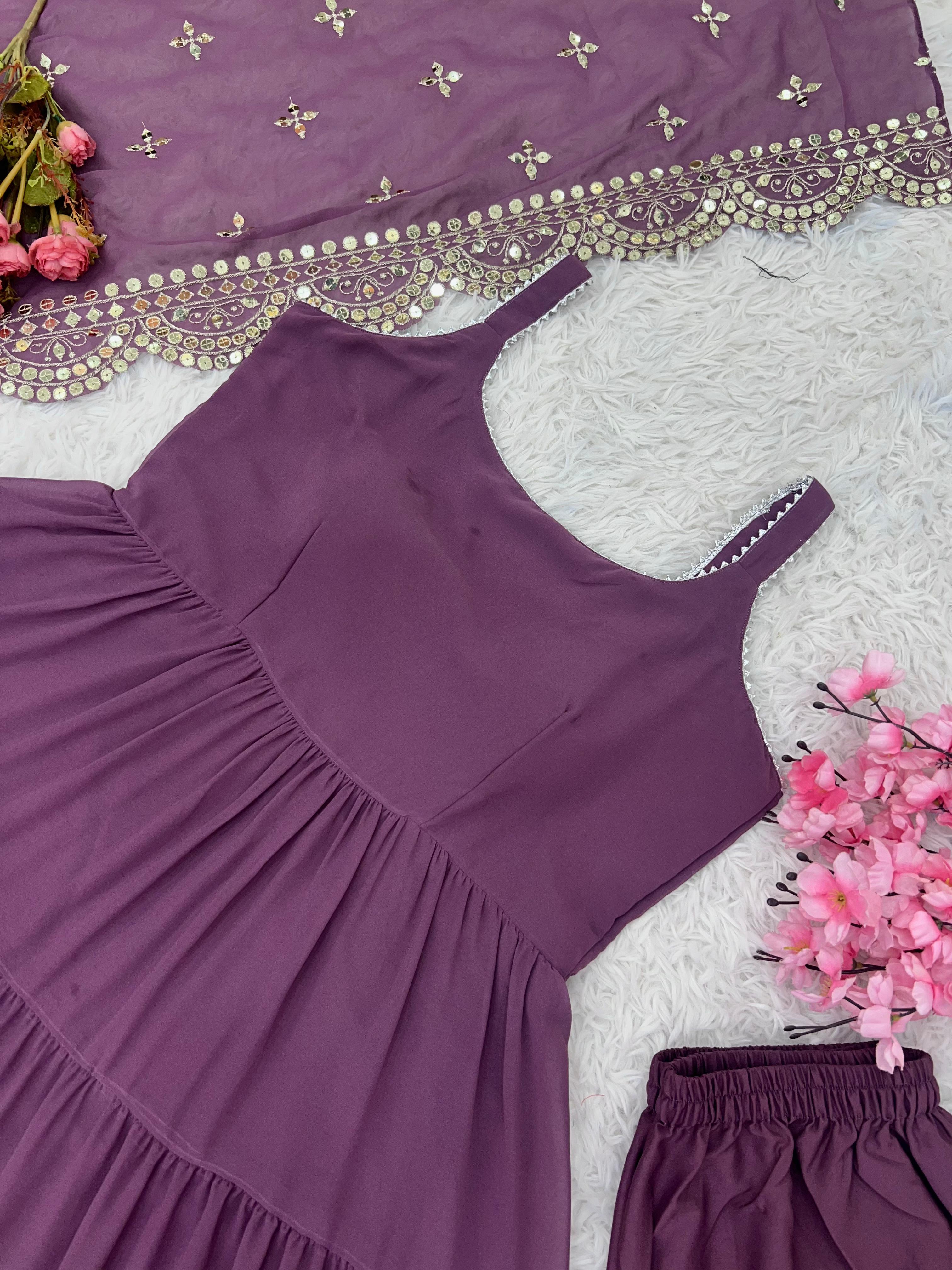 Wedding Wear Purple Color Faux Georgette Ruffle Anarkali Gown