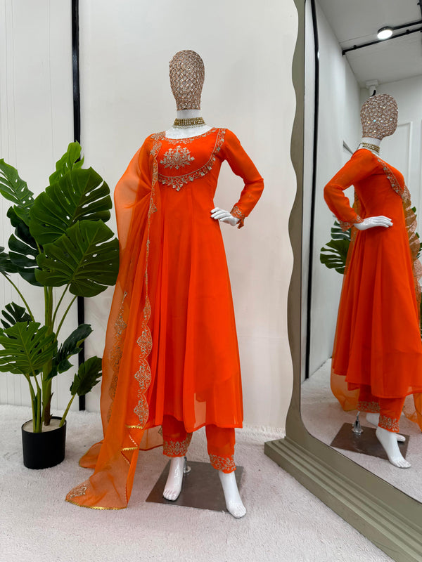 Casual Wear Orange Color Faux Georgette With Thread Work Designer Salwar Suit