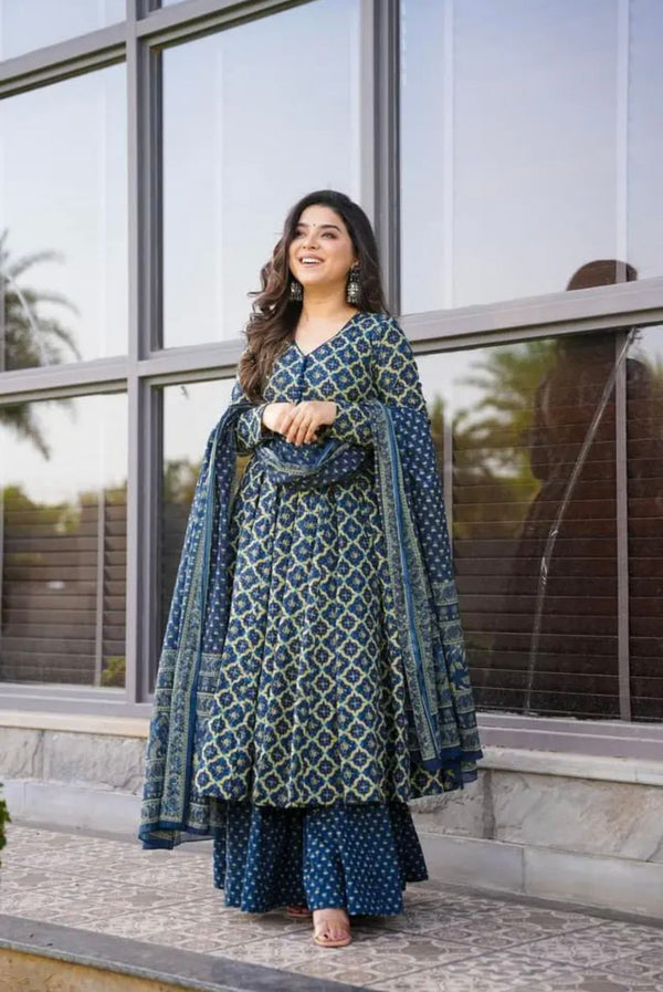 Party Wear Navy Blue Color Pure Soft Cotton Printed Anarkali Suit