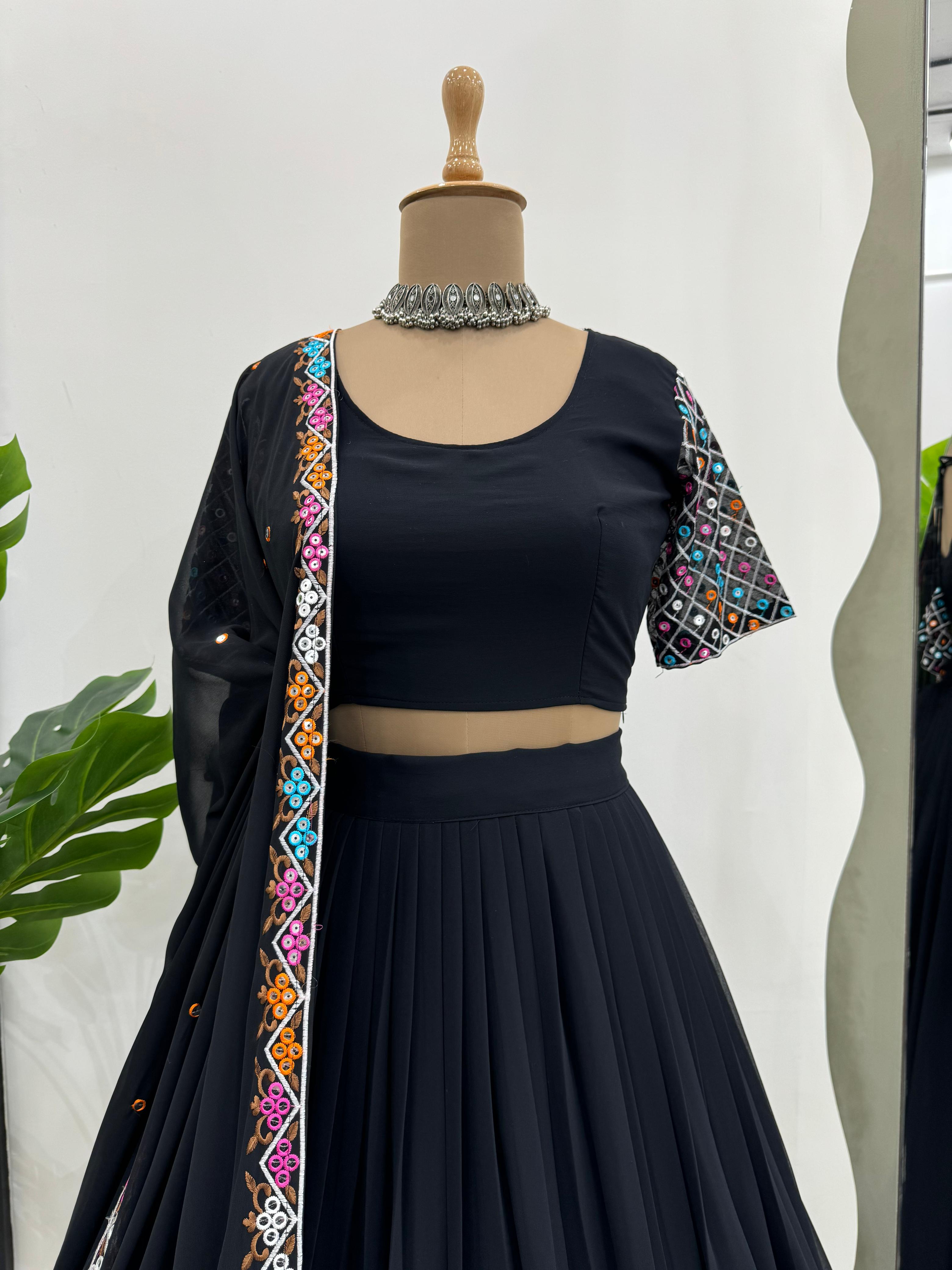 Traditional Wear Black Color Faux Georgette Navratri Lehenga Choli