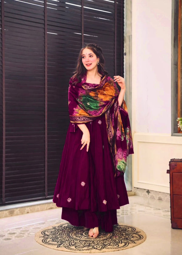 Alluring Wine Color Pure Chinon Silk With Embroidery Work With Fancy Full Sleeve Anarkali Plazzo Suit