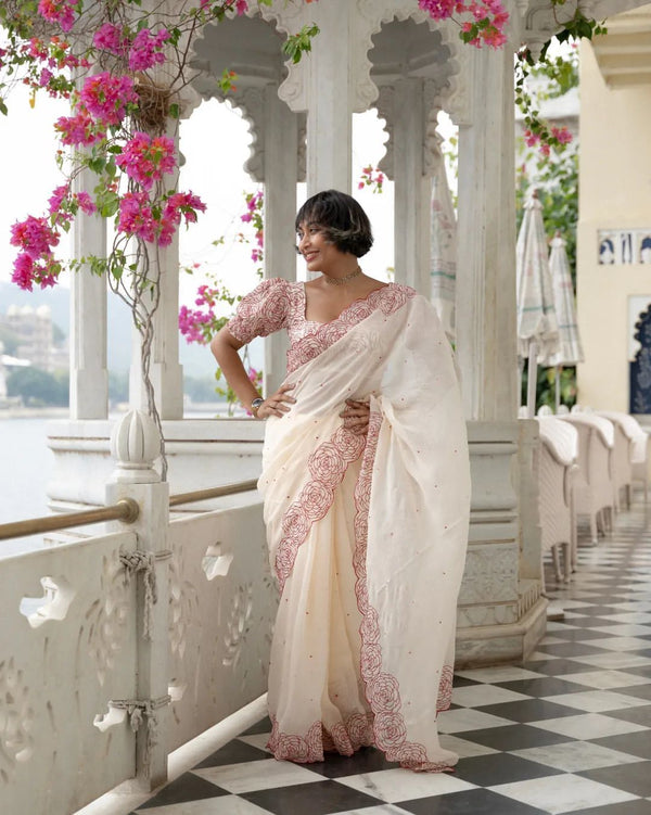 Trendy Off White Color Heavy Tabby Organza Beautiful Embroidery Work With Diamond Work Saree