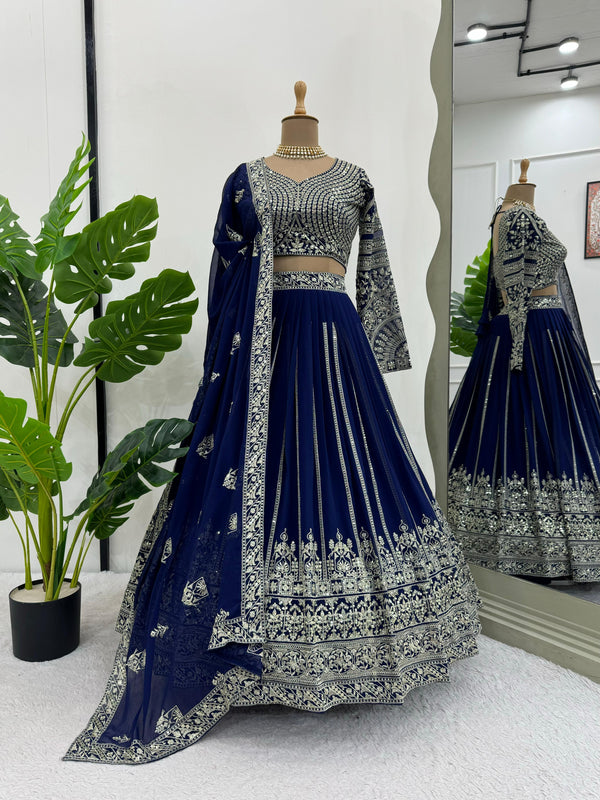 Bridal Wear Navy Blue Faux Georgette And Thread with Sequence Work Designer Lehenga Choli