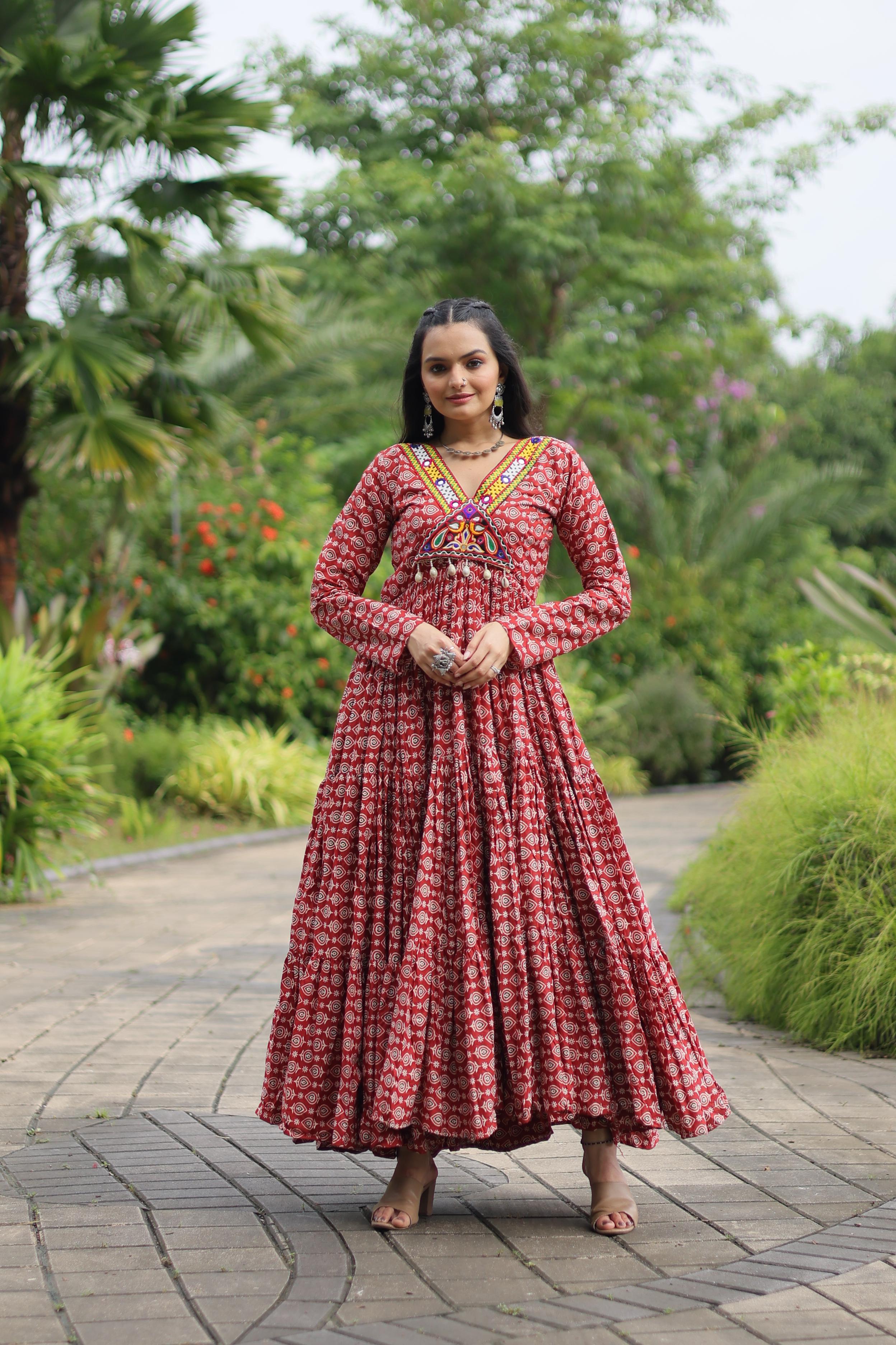 Traditional Wear Printed Cotton With Kutchi Gamthi Work Maroon Color Navratri Gown