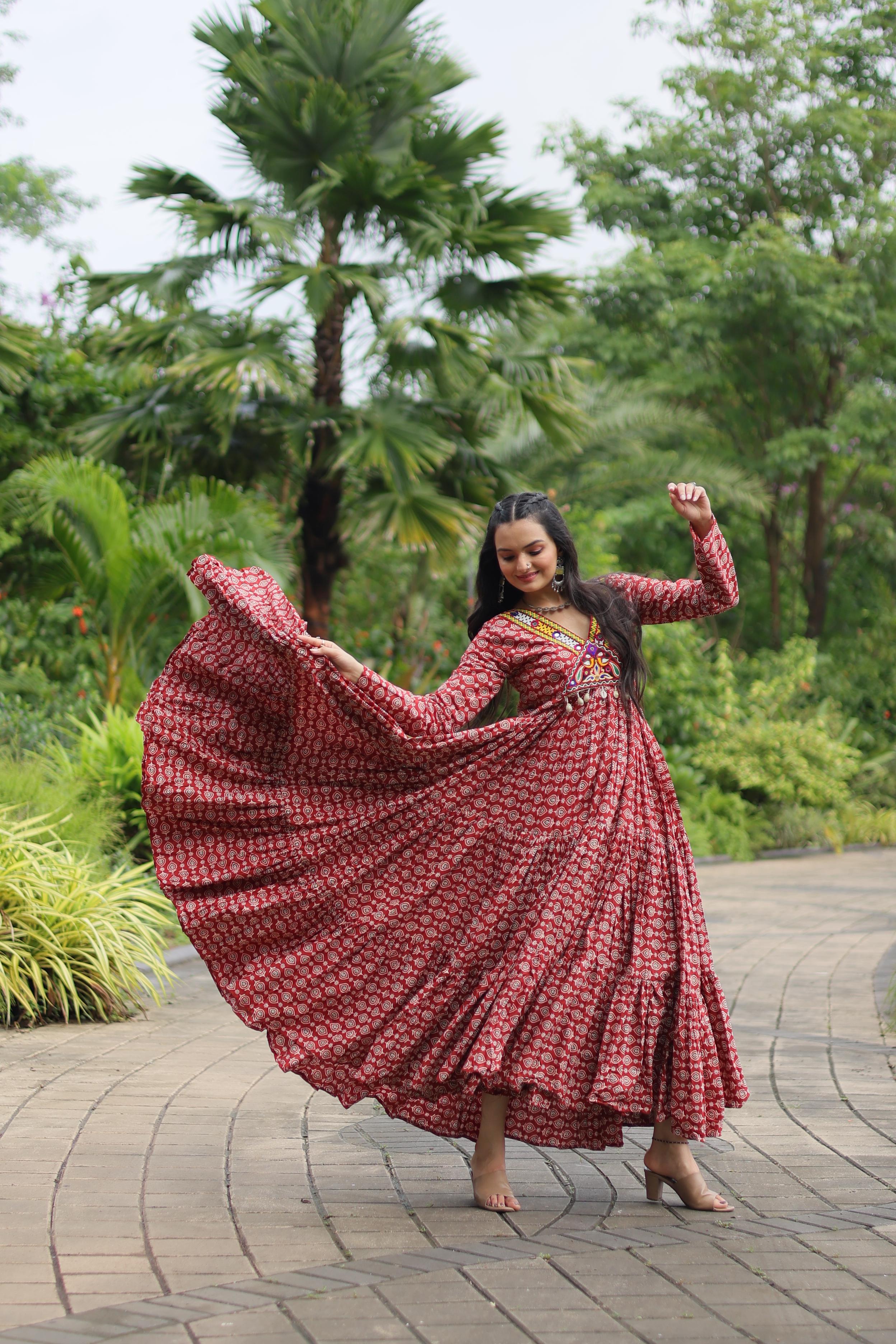 Traditional Wear Printed Cotton With Kutchi Gamthi Work Maroon Color Navratri Gown