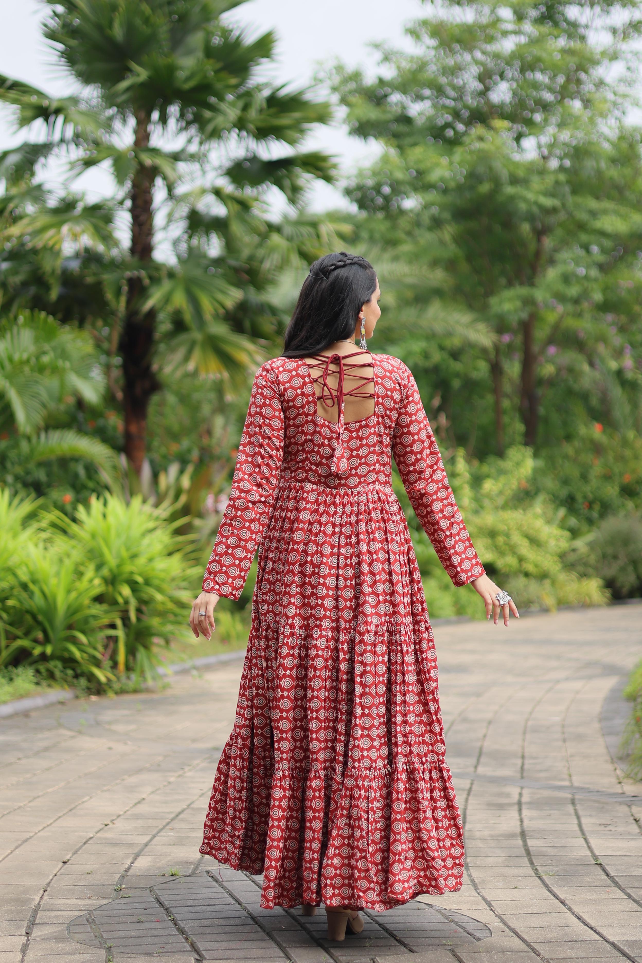 Traditional Wear Printed Cotton With Kutchi Gamthi Work Maroon Color Navratri Gown