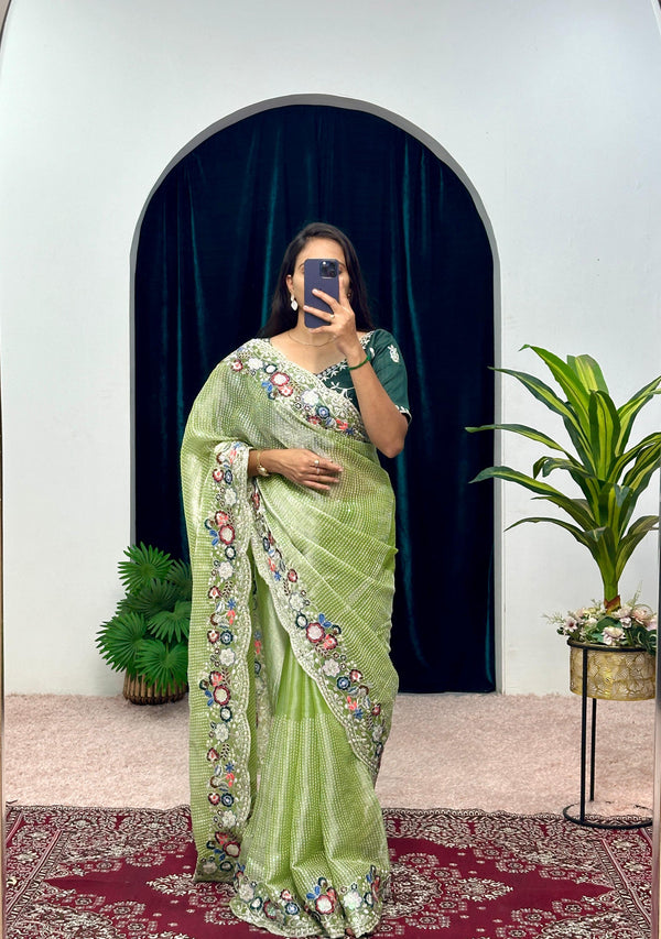 Elegant Green Color Organza Silk Sequence Cotton Thread Embroidery Work Designer Saree