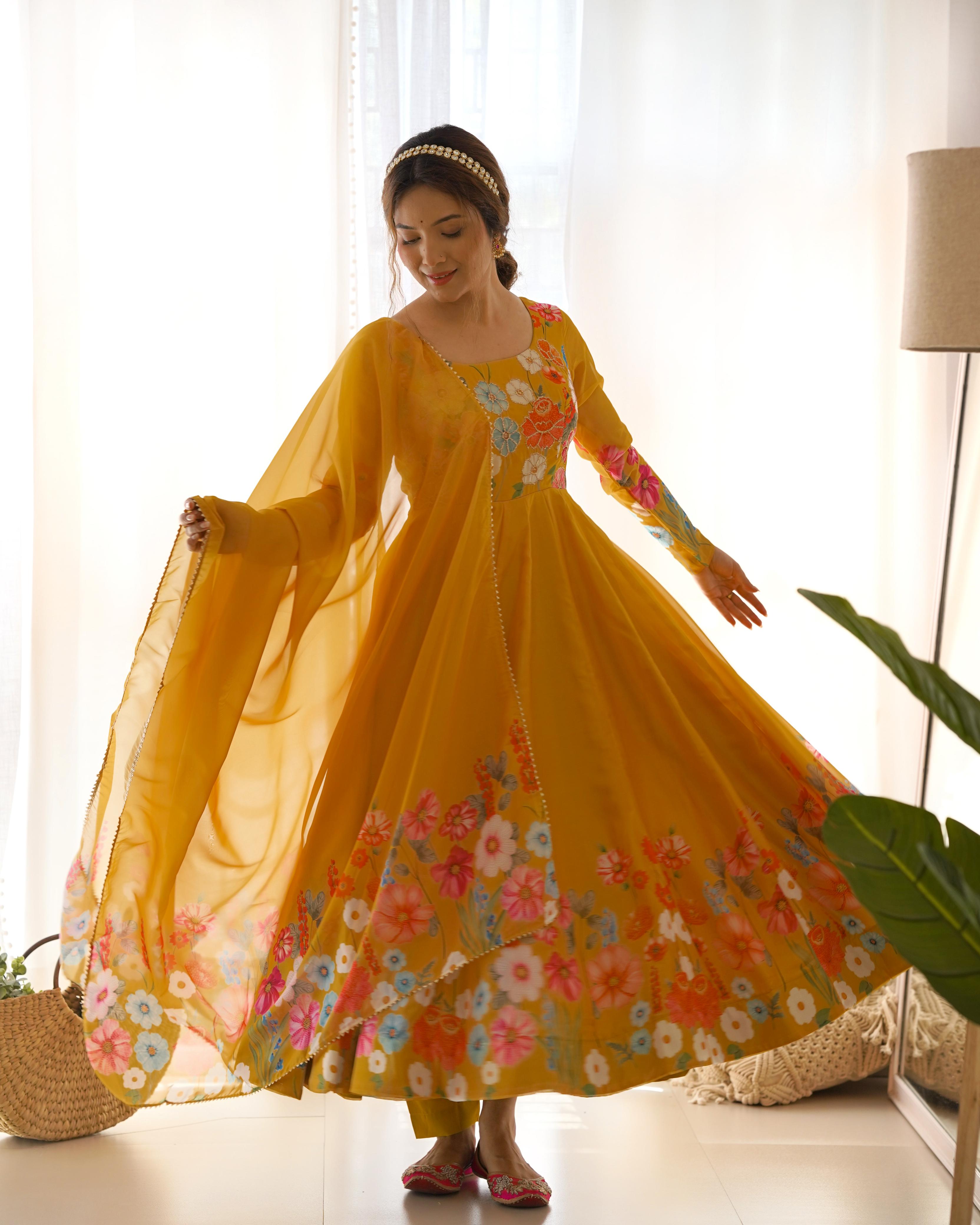 Party Wear Heavy Pure Soft Organza Silk Print Multi Flower Print Mustard Color Anarkali Suit