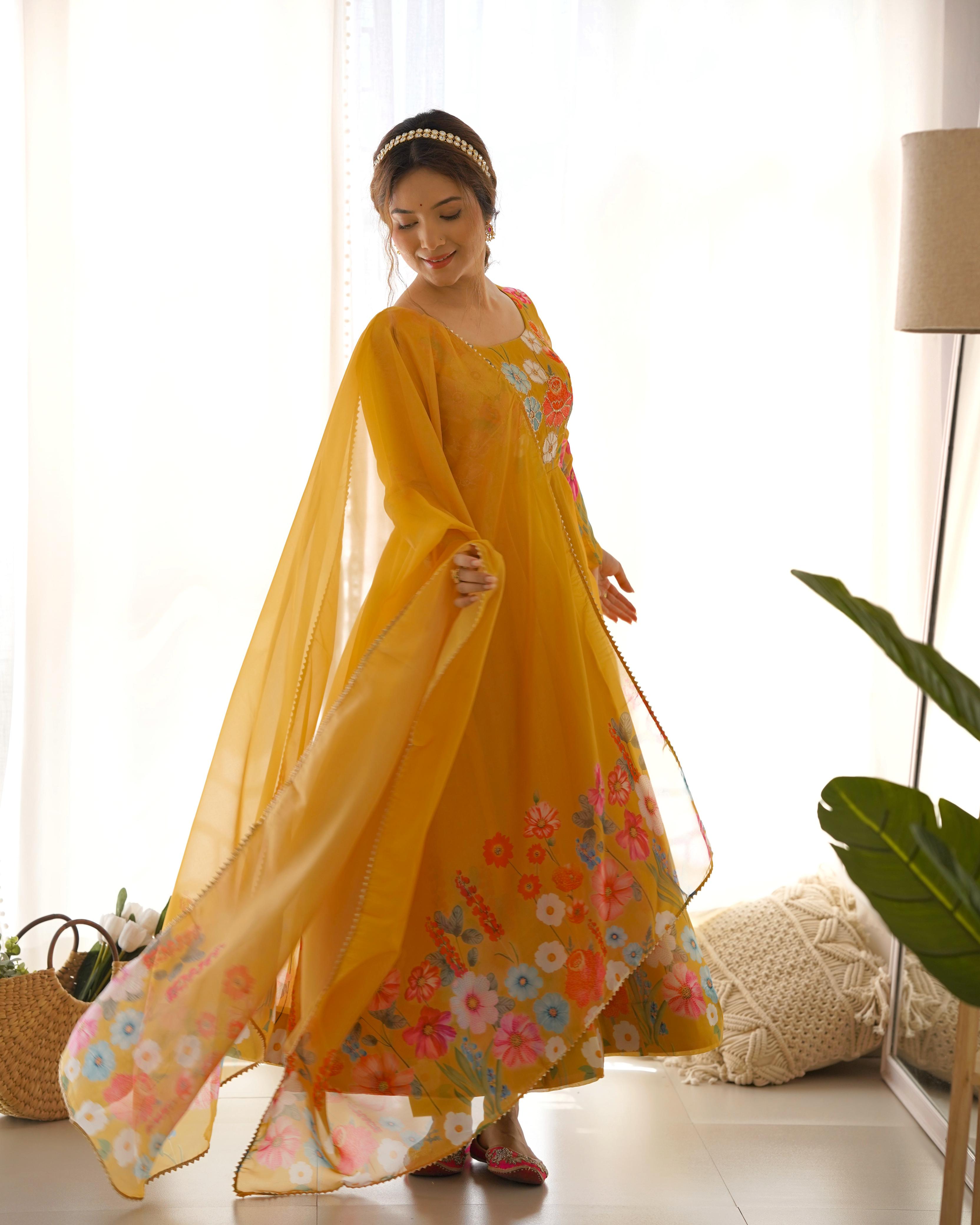 Party Wear Heavy Pure Soft Organza Silk Print Multi Flower Print Mustard Color Anarkali Suit