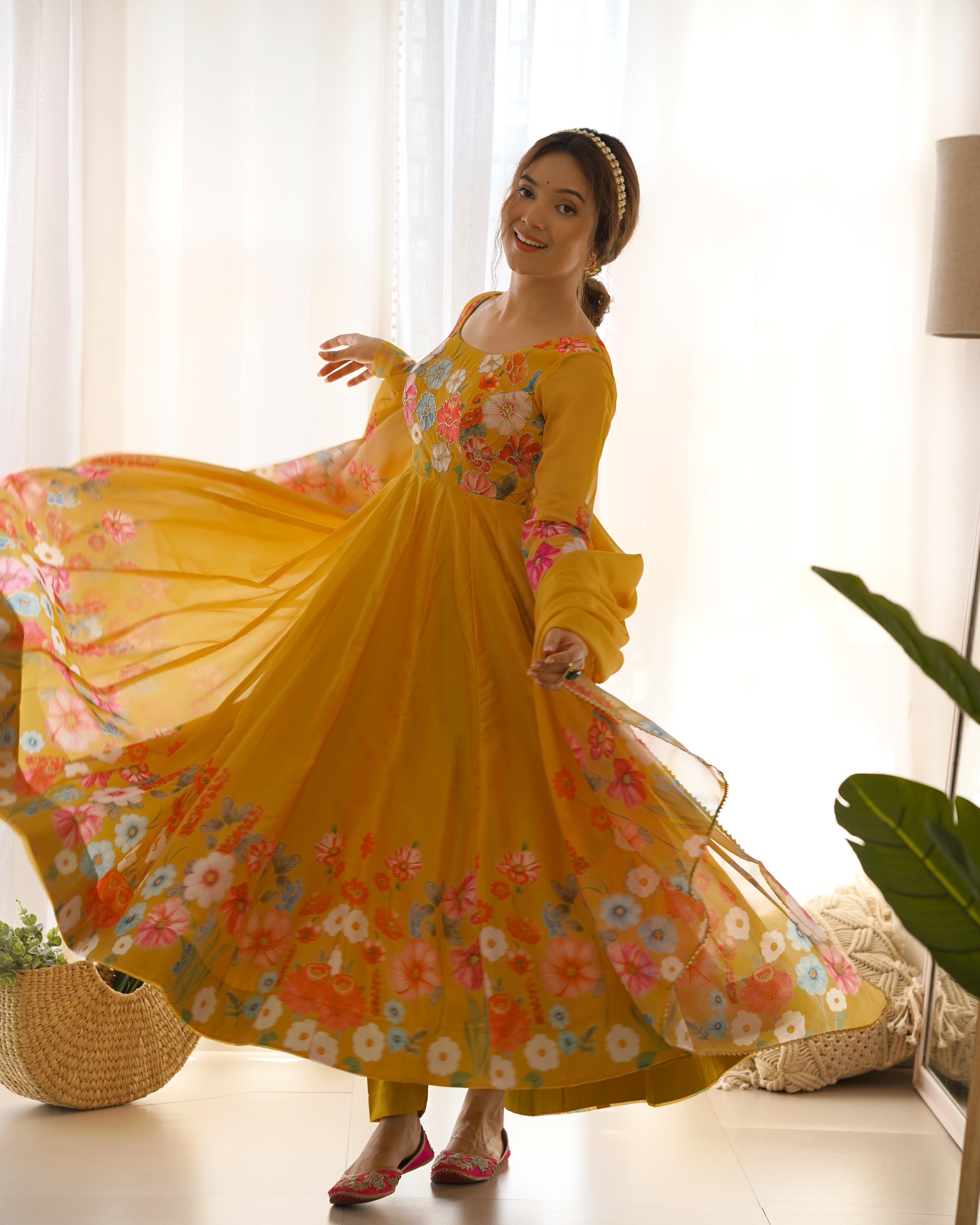 Party Wear Heavy Pure Soft Organza Silk Print Multi Flower Print Mustard Color Anarkali Suit