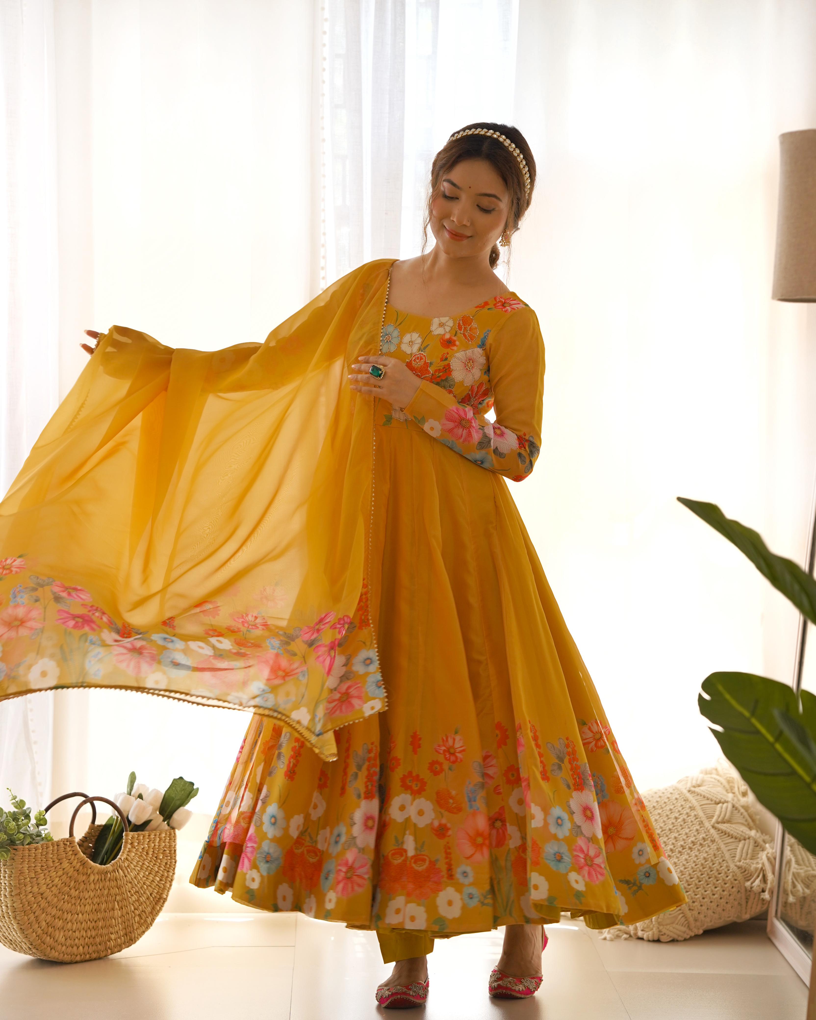 Party Wear Heavy Pure Soft Organza Silk Print Multi Flower Print Mustard Color Anarkali Suit