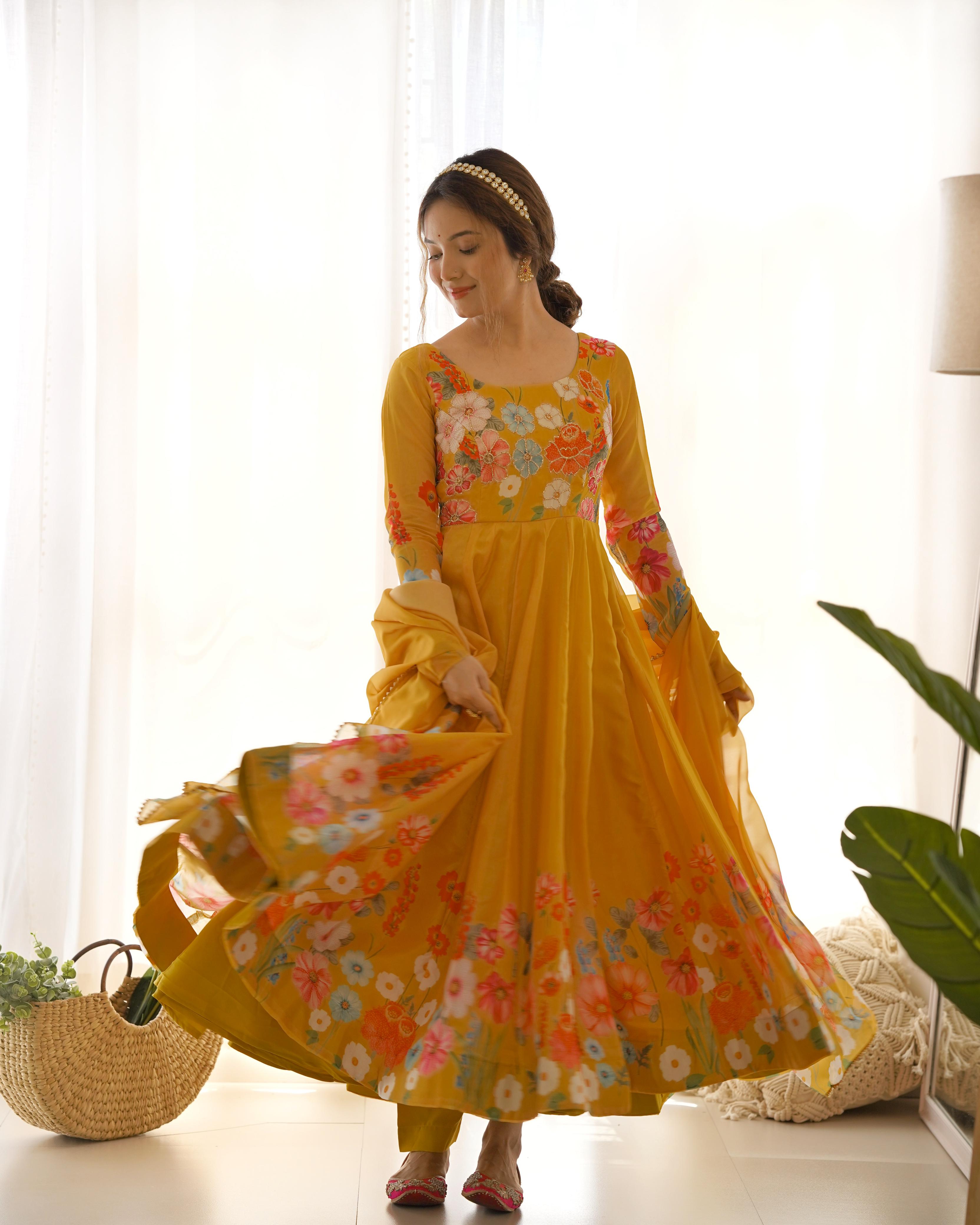 Party Wear Heavy Pure Soft Organza Silk Print Multi Flower Print Mustard Color Anarkali Suit