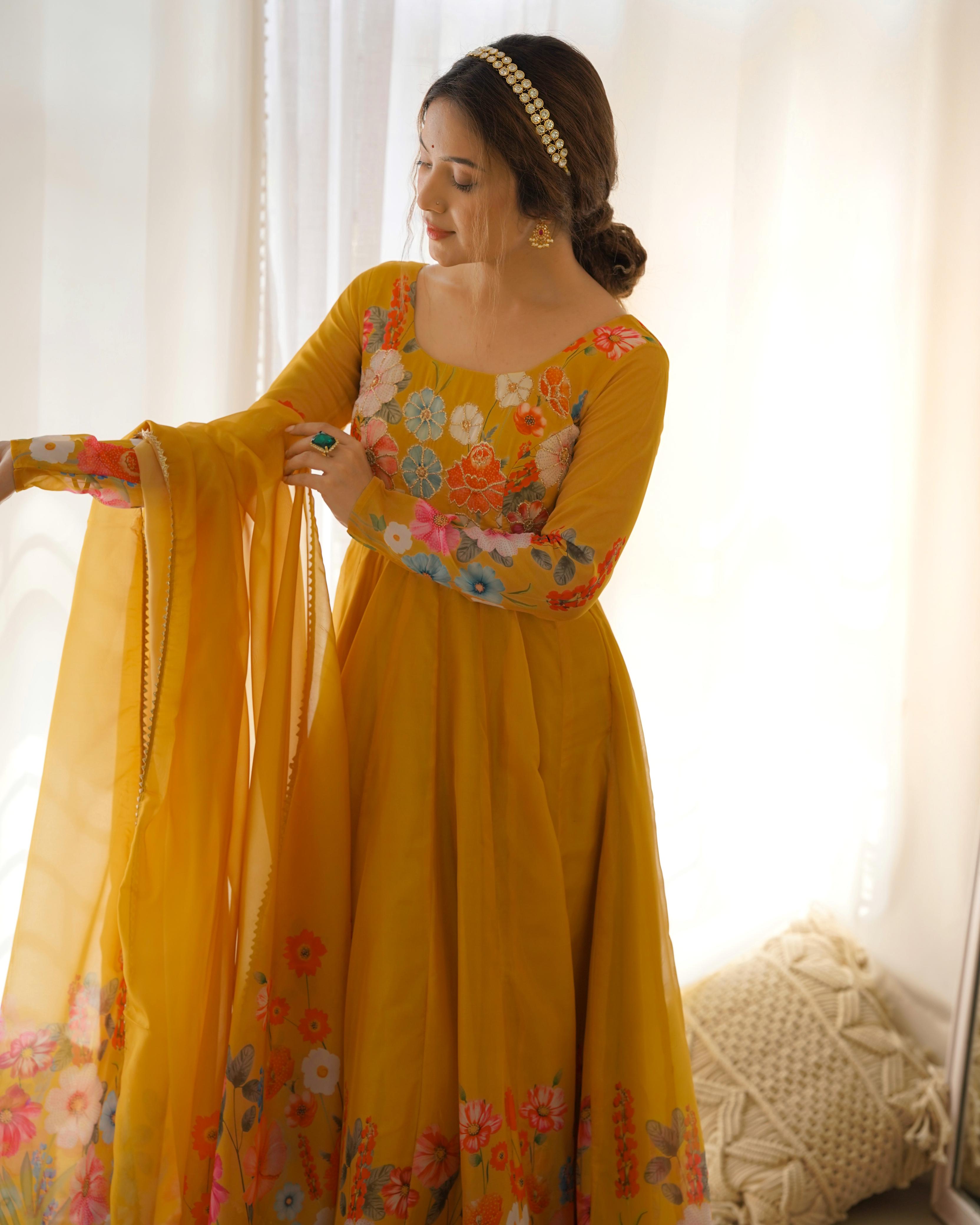 Party Wear Heavy Pure Soft Organza Silk Print Multi Flower Print Mustard Color Anarkali Suit