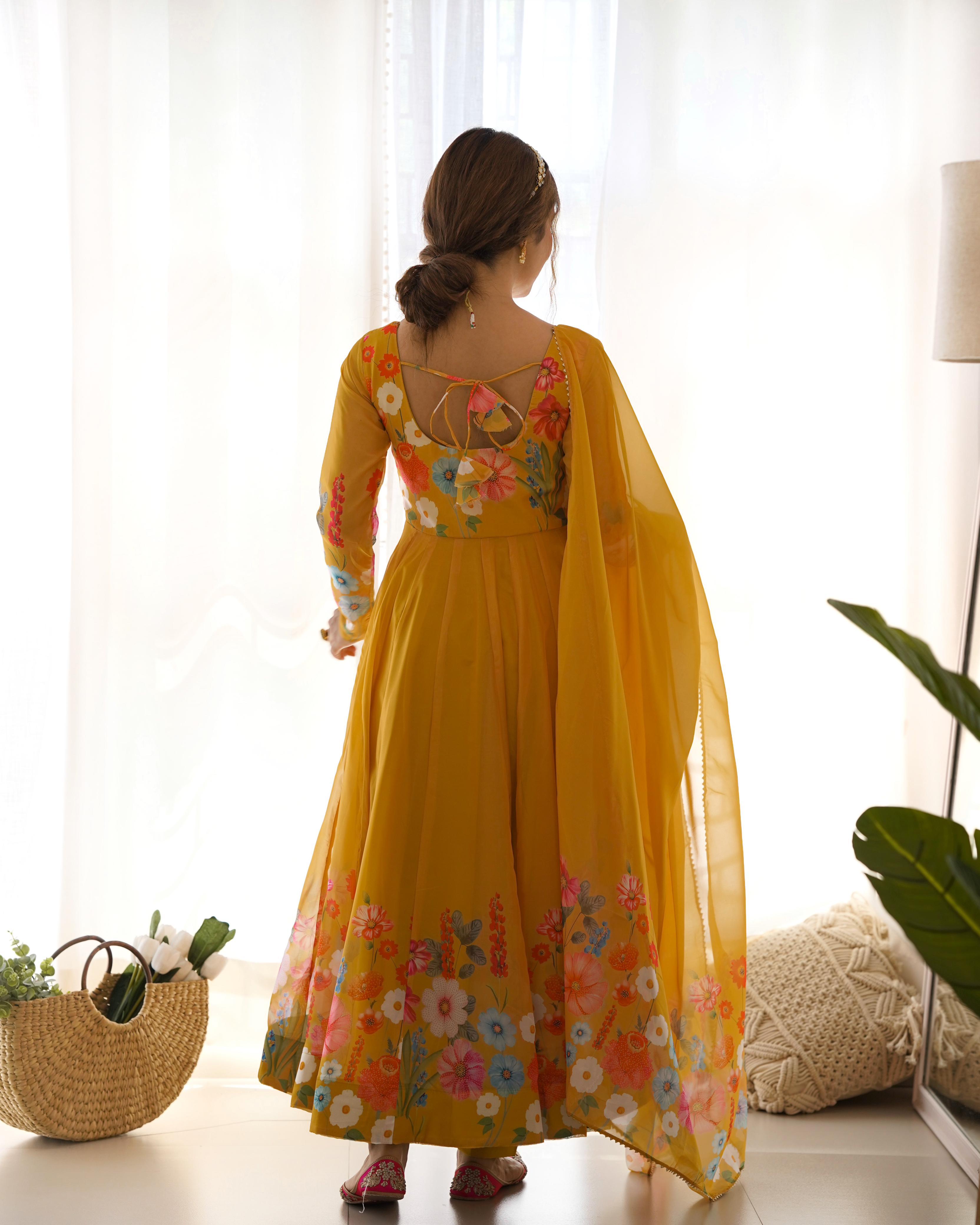 Party Wear Heavy Pure Soft Organza Silk Print Multi Flower Print Mustard Color Anarkali Suit