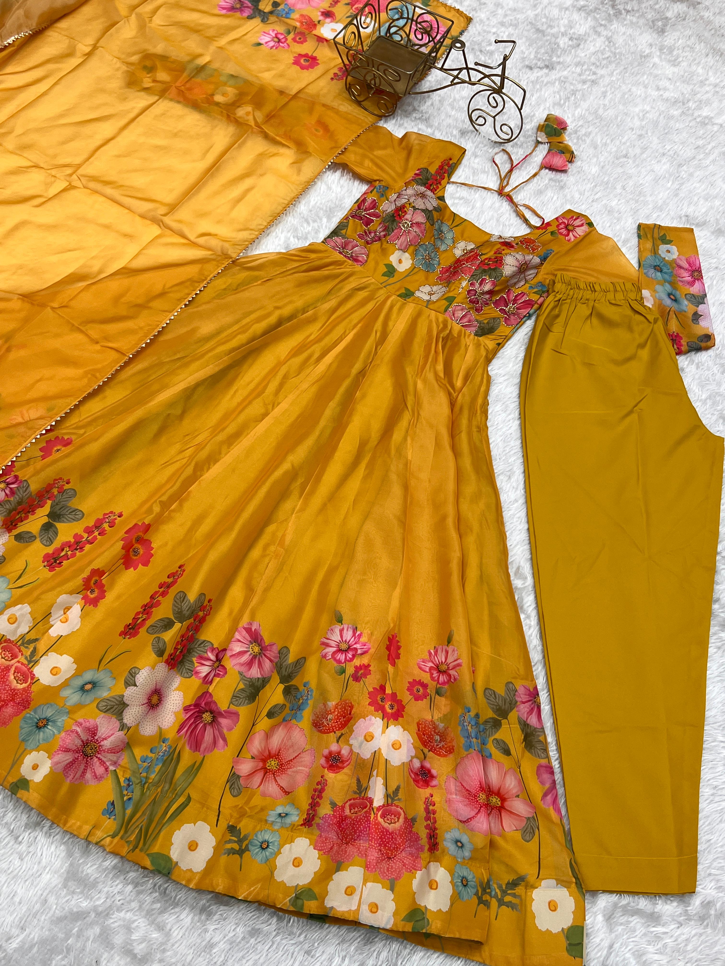 Party Wear Heavy Pure Soft Organza Silk Print Multi Flower Print Mustard Color Anarkali Suit