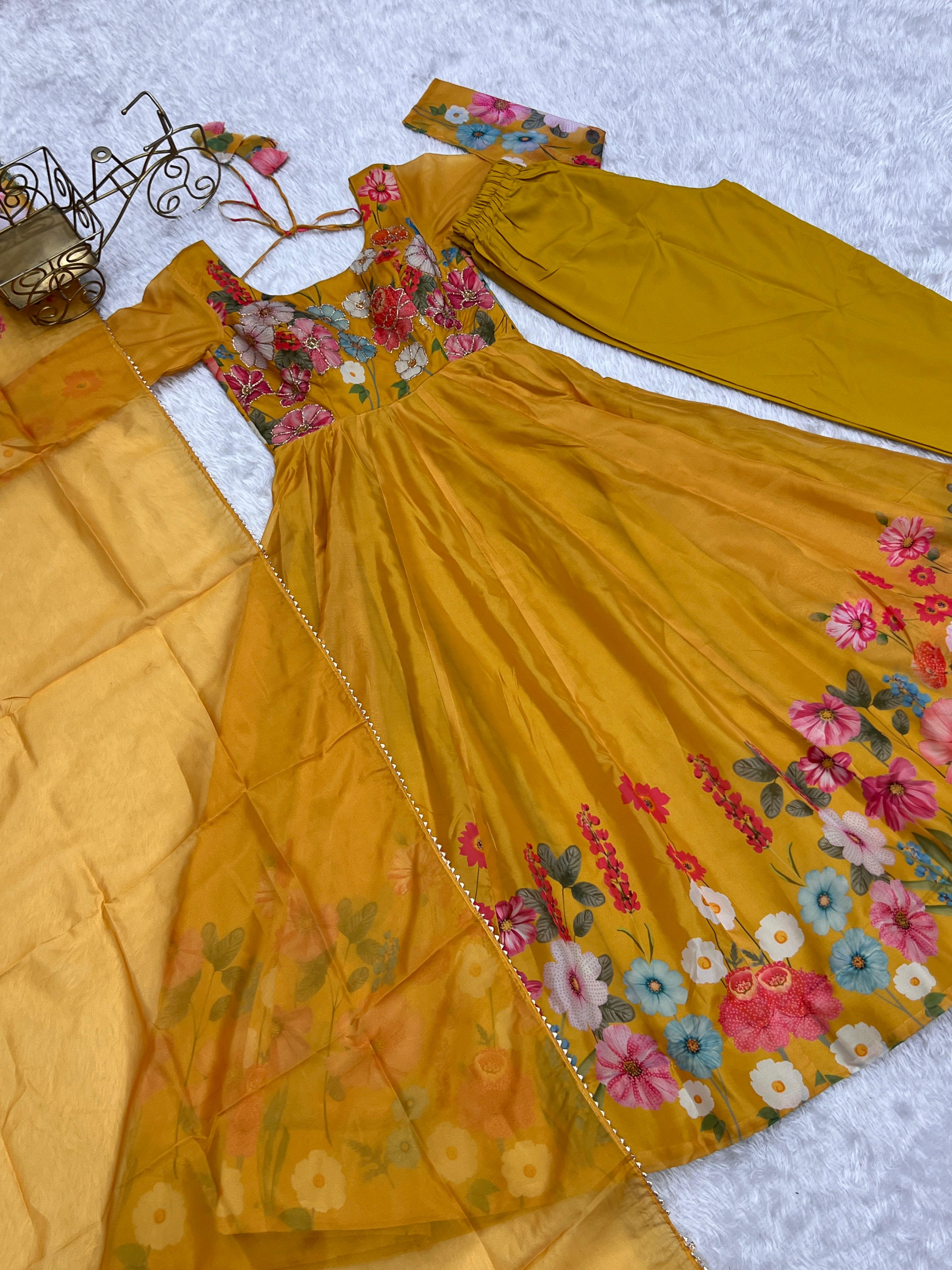 Party Wear Heavy Pure Soft Organza Silk Print Multi Flower Print Mustard Color Anarkali Suit