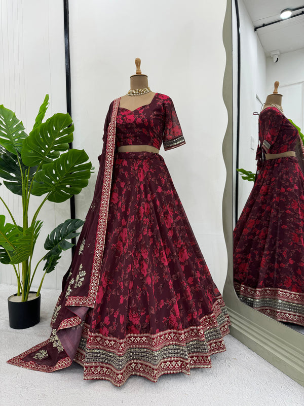 Classic Maroon Color Faux Georgette With Digital Printed Thread And Sequence Work Designer Lehenga Choli