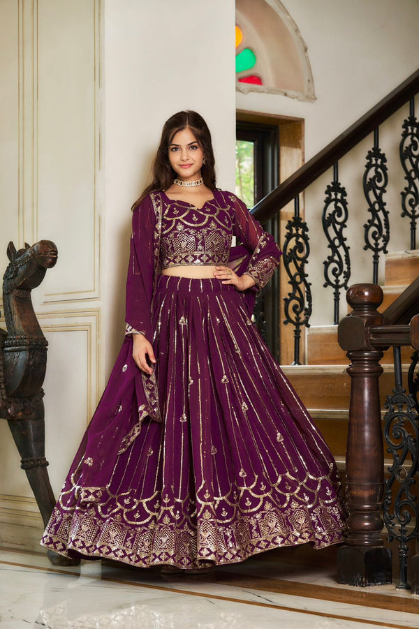 Ceremony Wear Wine Color Heavy Faux Georgette And Embroidery Sequence Work Designer Lehenga Choli