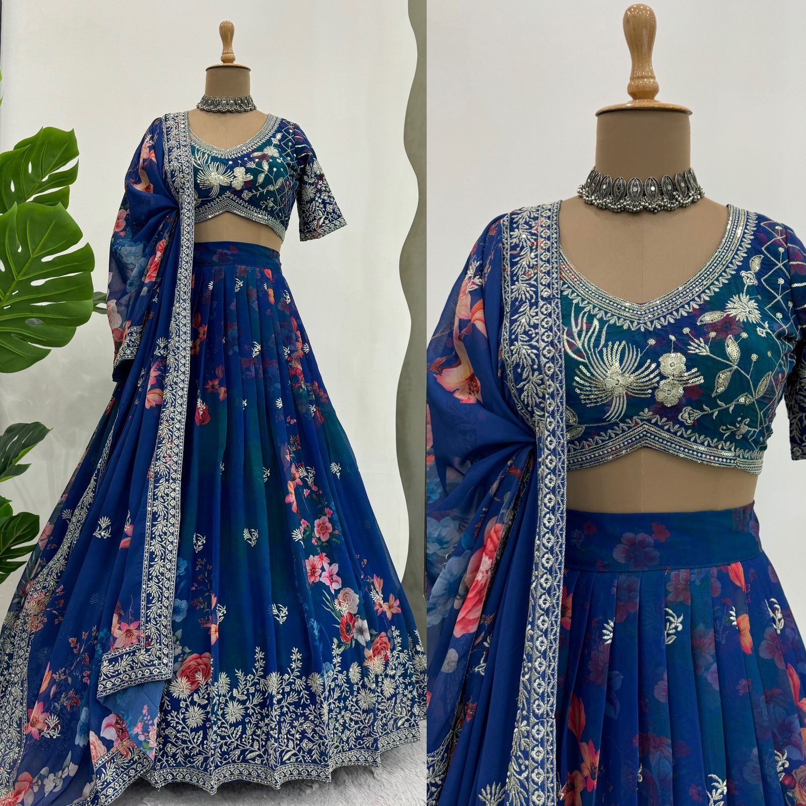 Bridal Wear Teal Blue Color Faux Georgette With Digital Print Thread And Sequence Designer Lehenga Choli