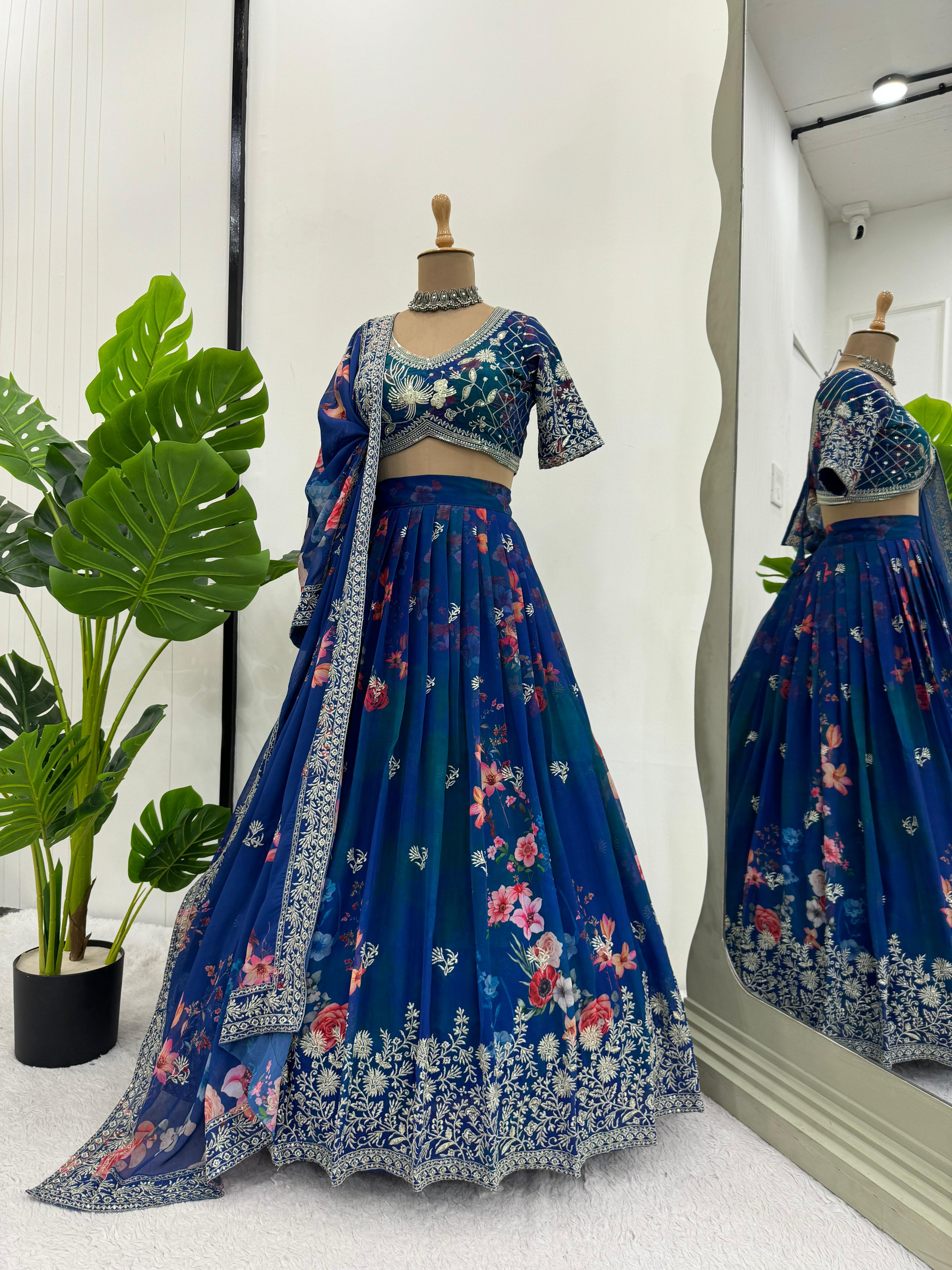 Bridal Wear Teal Blue Color Faux Georgette With Digital Print Thread And Sequence Designer Lehenga Choli