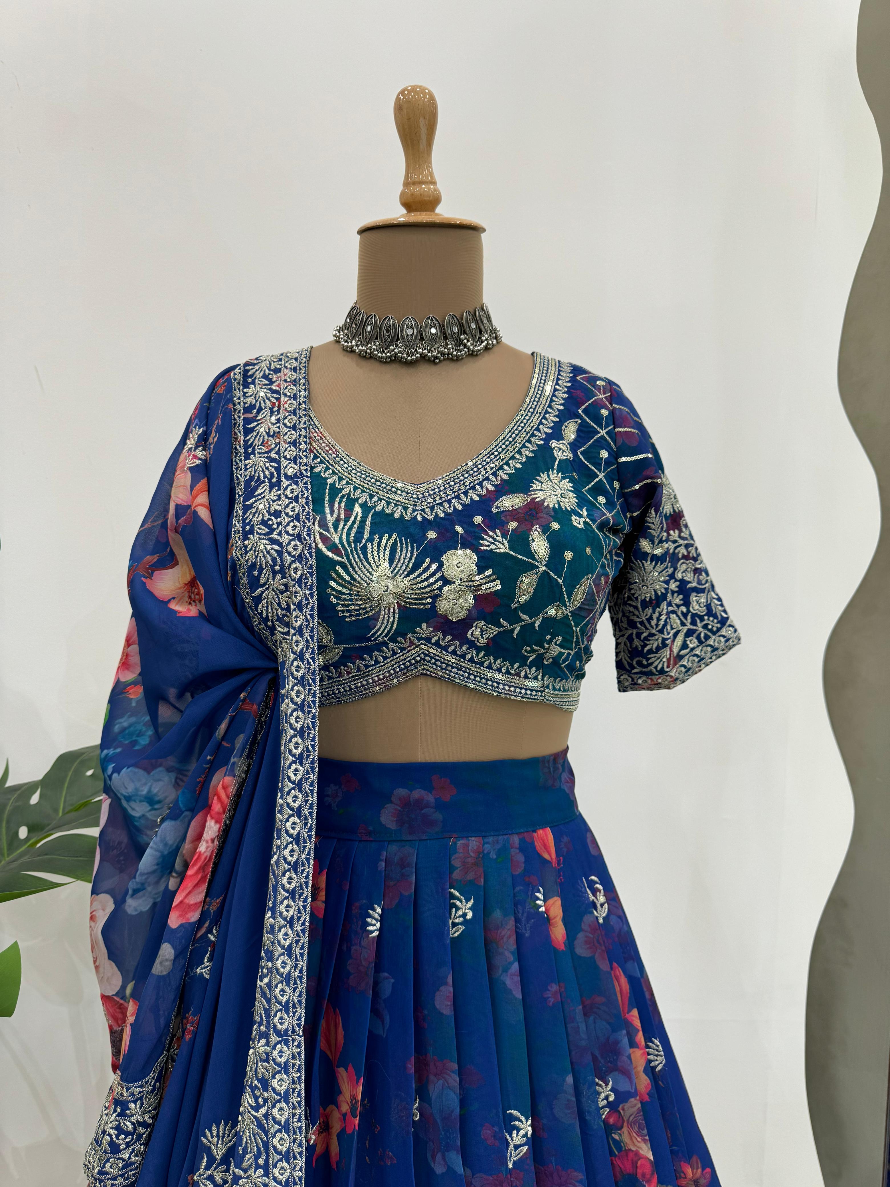 Bridal Wear Teal Blue Color Faux Georgette With Digital Print Thread And Sequence Designer Lehenga Choli