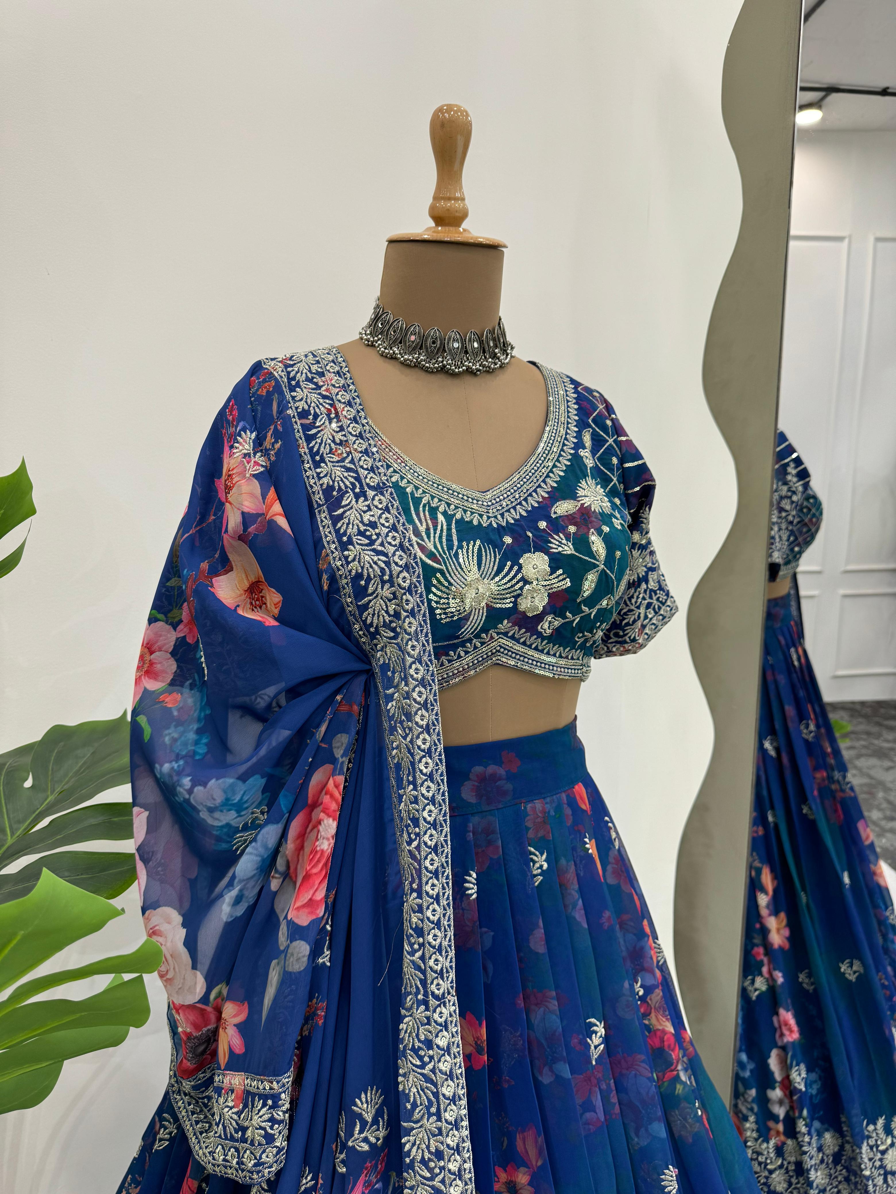 Bridal Wear Teal Blue Color Faux Georgette With Digital Print Thread And Sequence Designer Lehenga Choli