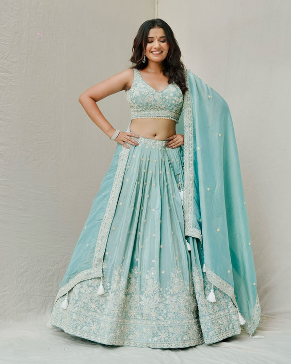 Reception Wear Sky Blue Color Roman Silk Thread With Sequence Designer Lehenga Choli