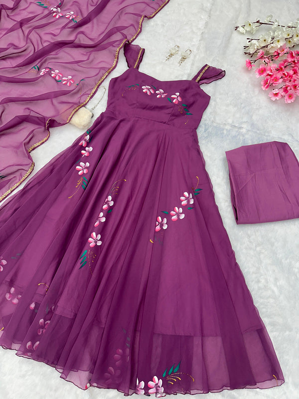 Casual Wear Burgundy Color Handpainted Georgette With Huge Flair Anarkali Suit