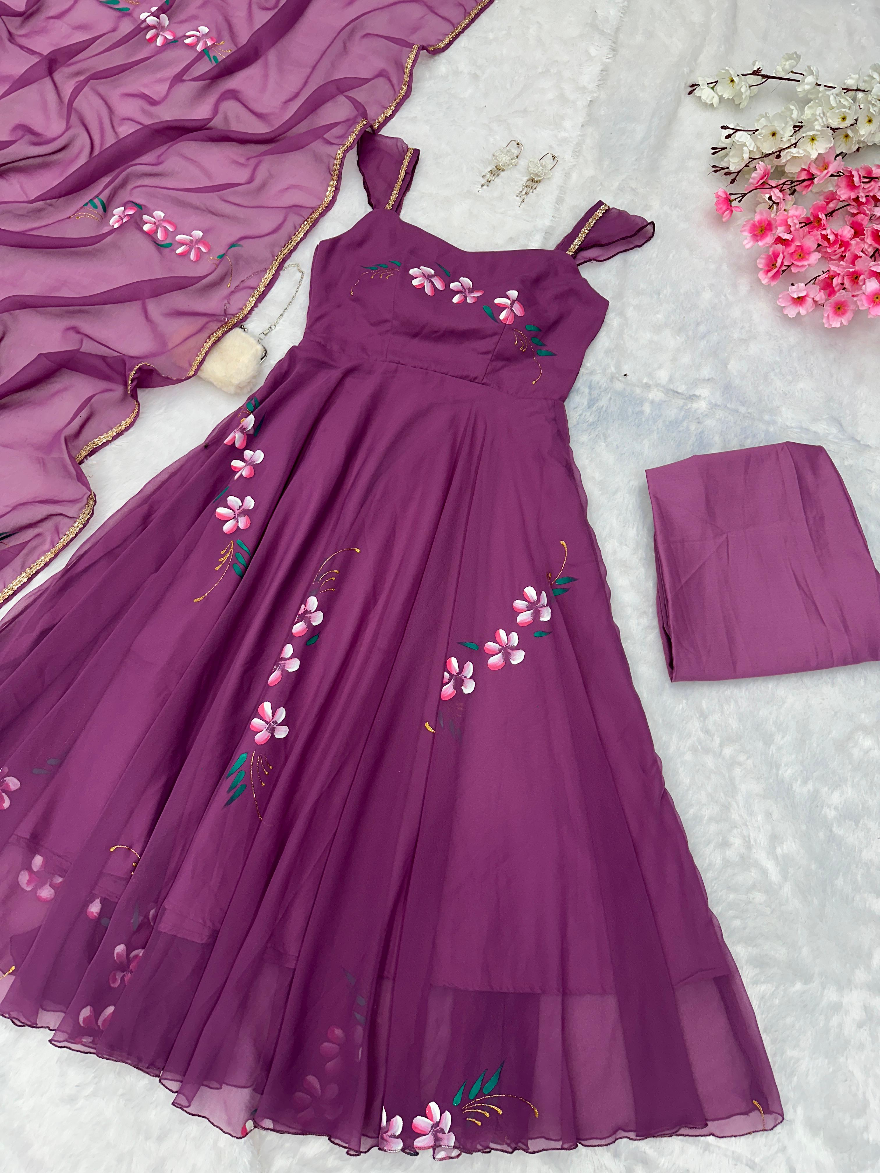 Casual Wear Burgundy Color Handpainted Georgette With Huge Flair Anarkali Suit