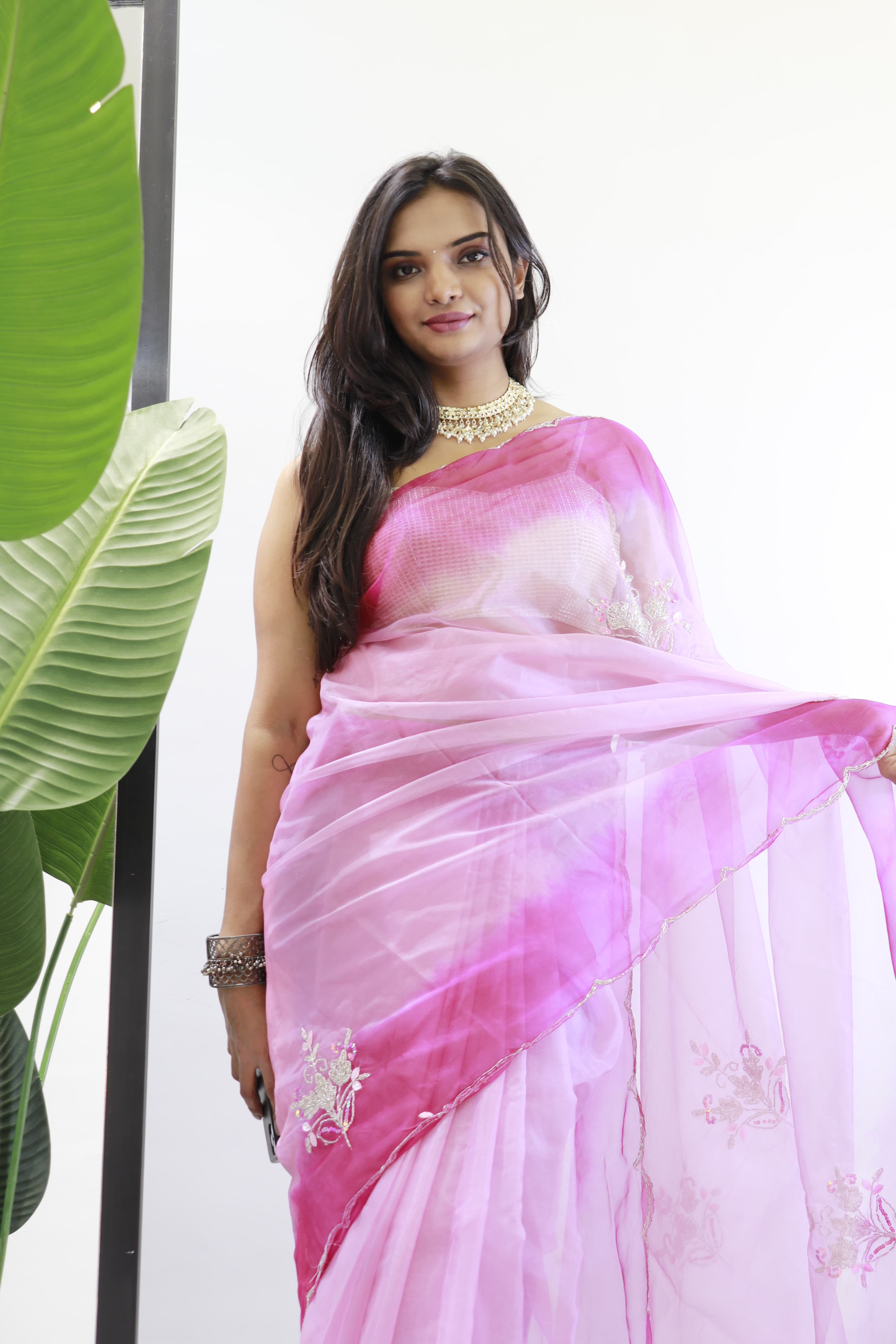 Double Shade Organza Silk Pink Color Saree