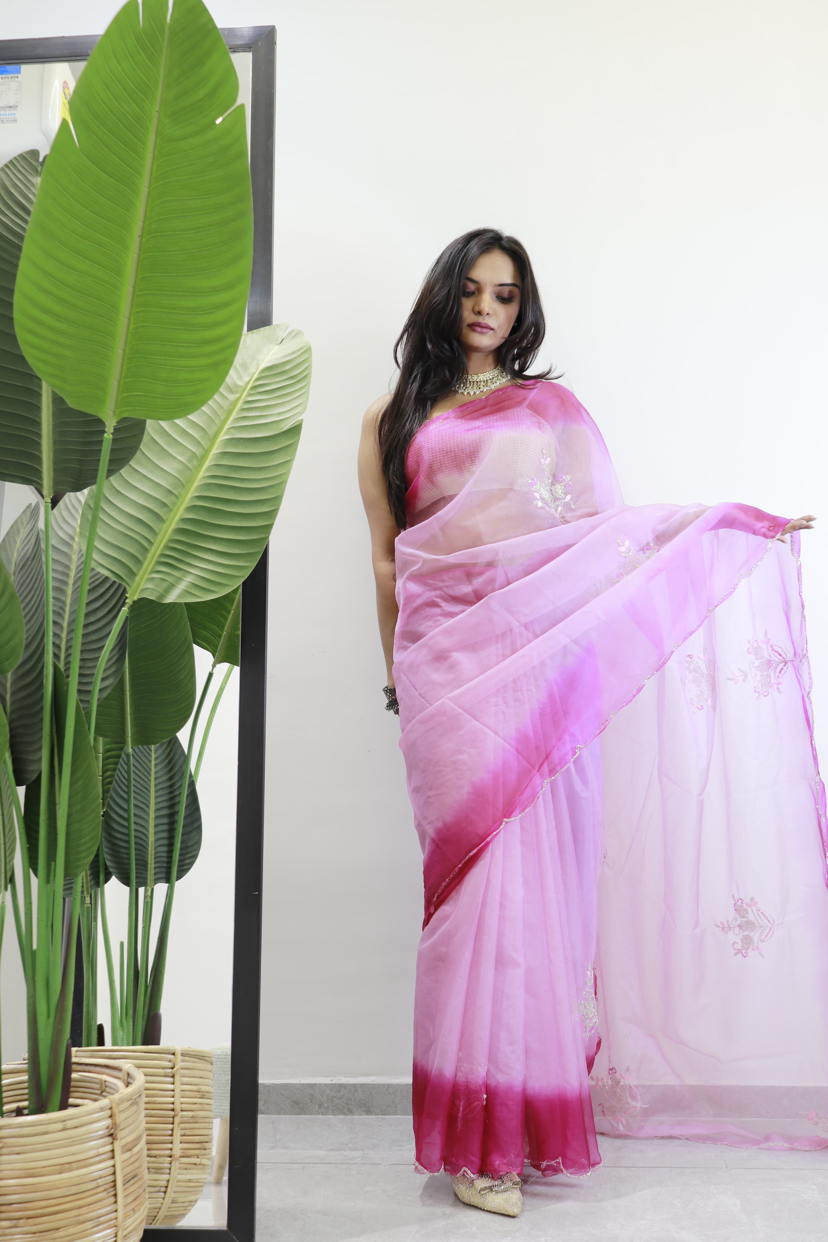 Double Shade Organza Silk Pink Color Saree