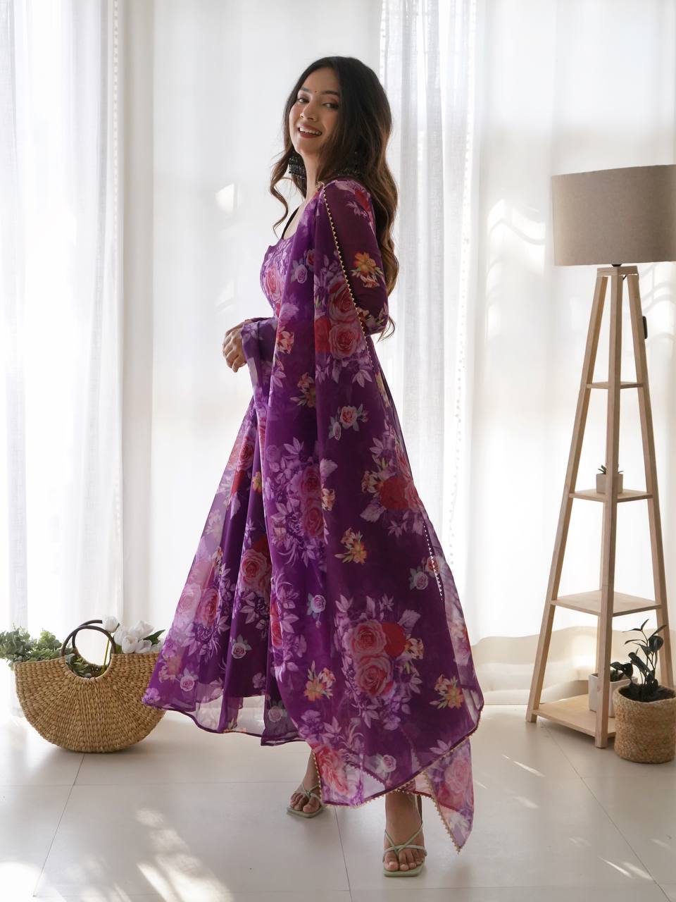 Purple Color Printed Organza Anarkali Gown