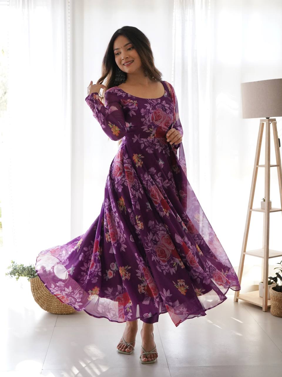 Purple Color Printed Organza Anarkali Gown