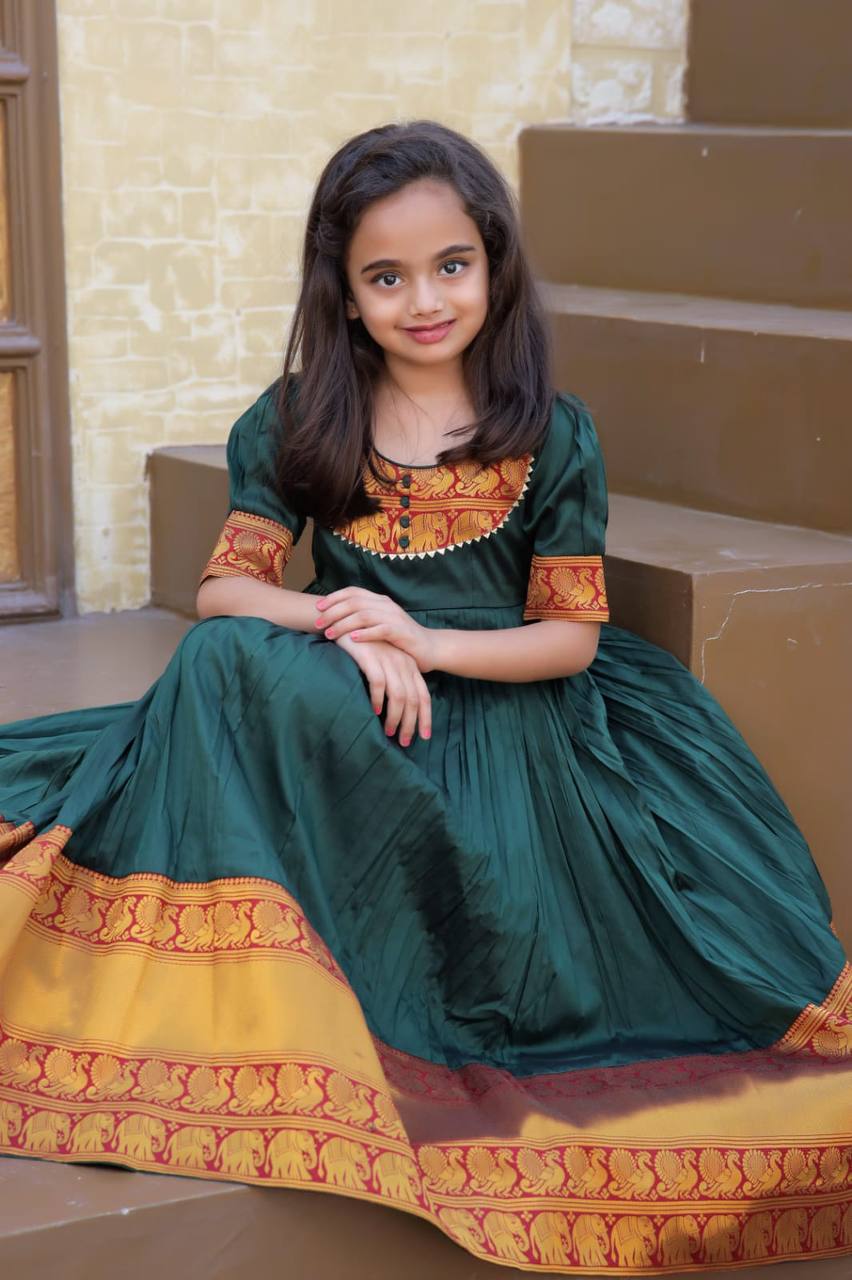 Admiring Jacquard Work Green Color Gown For Girls