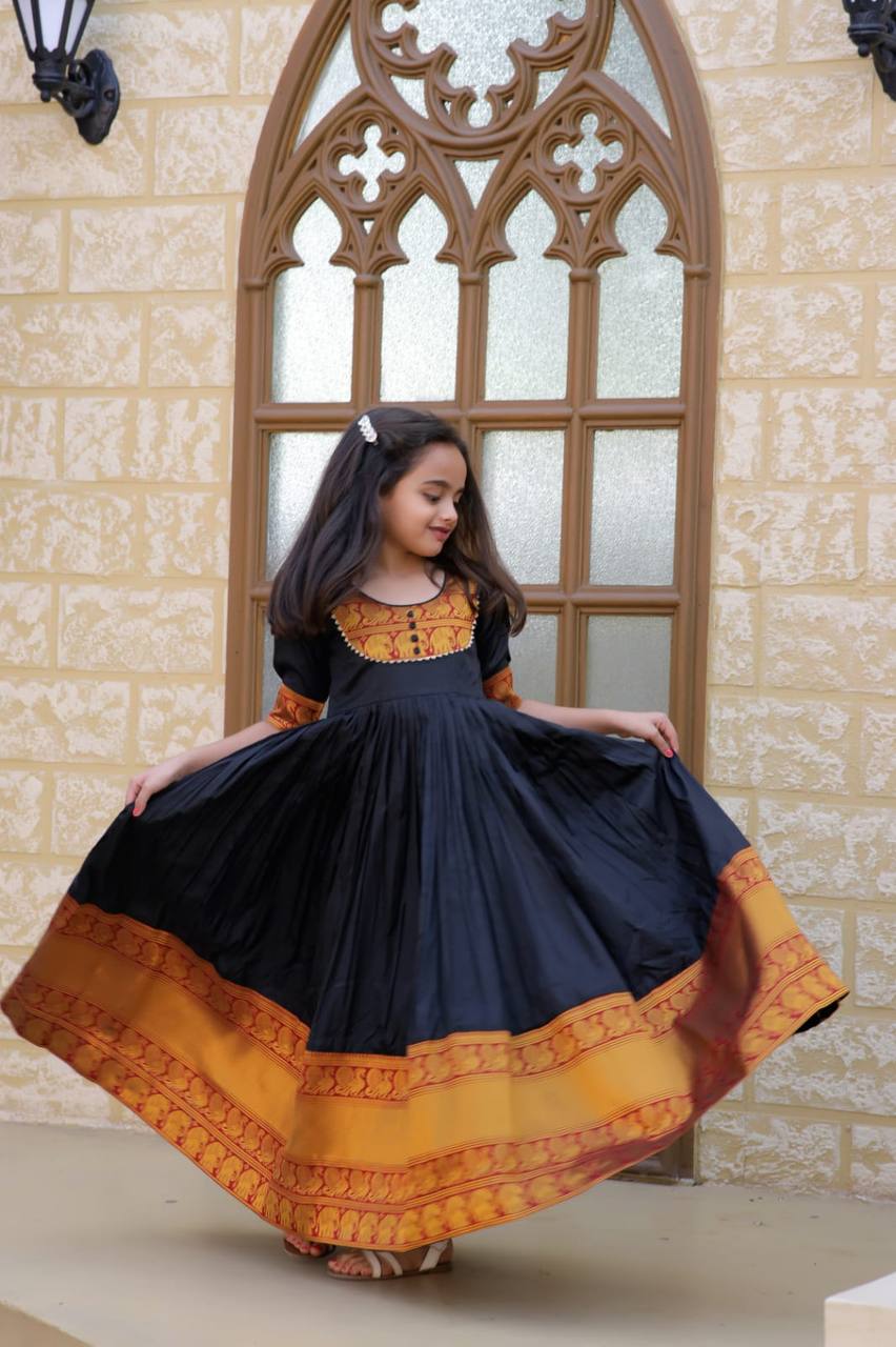 Admiring Jacquard Work Black Color Gown For Girls