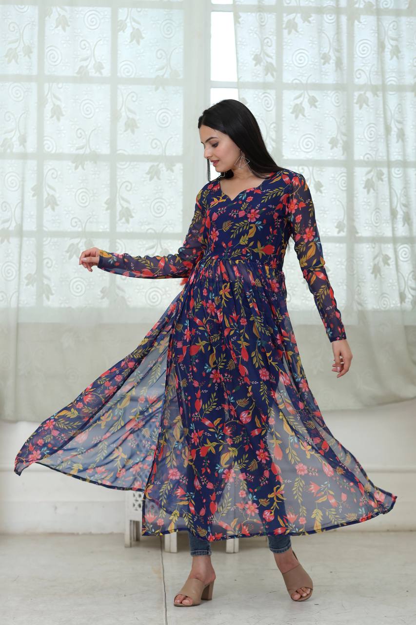 Flower Digital Print Navy Blue Color Stylish Kurti